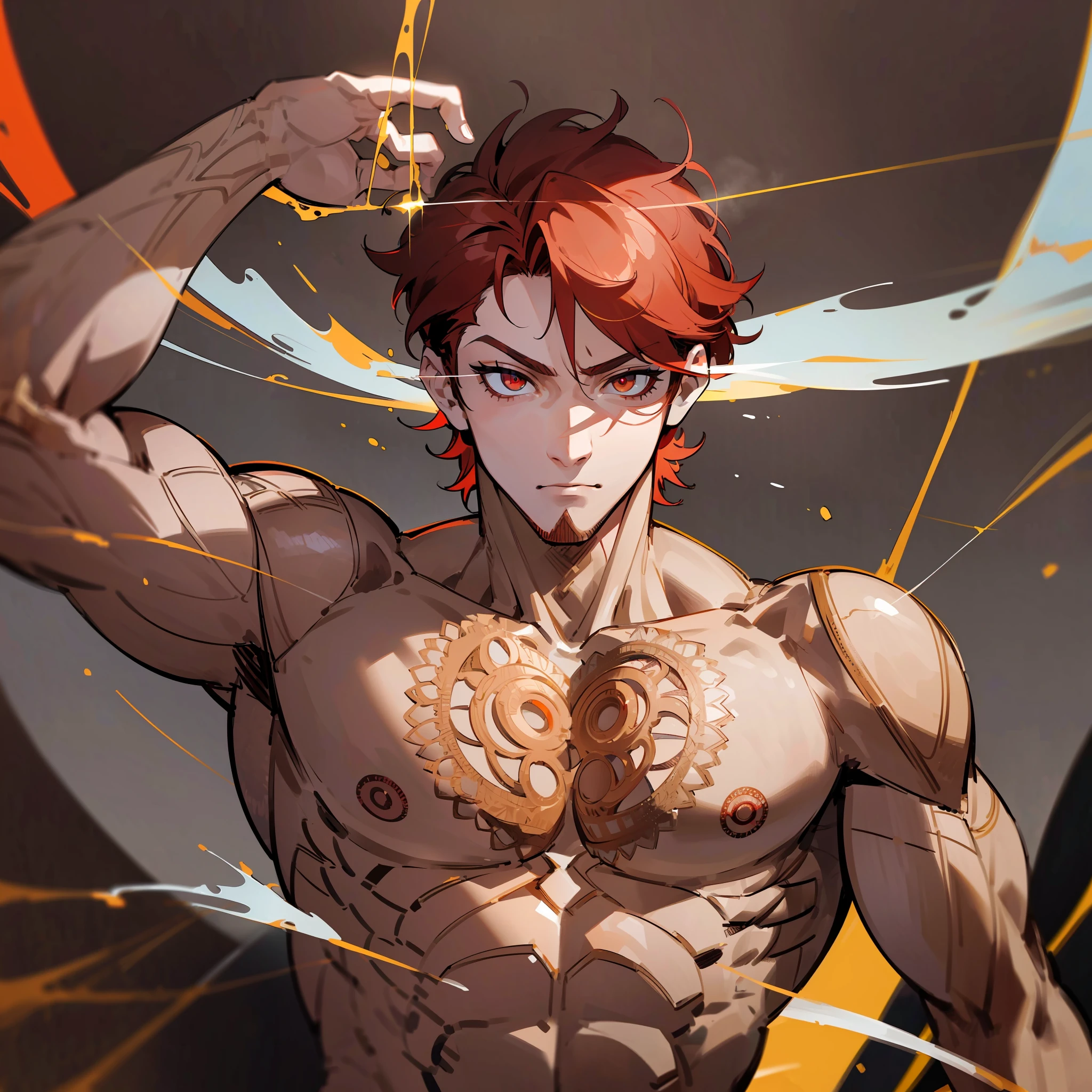 Man, solo, red hair, red right eye, yellow left eye (dynamic pose:1.5), (intricate details:1.2), 8k wallpaper, (highest image quality:1.5), (8k:1.4), (Masterpiece), (ultra-detailed), (Detailed eyes:1.4), (sharp details:1.3), short hair, brown clothing, large body, muscular, manly man