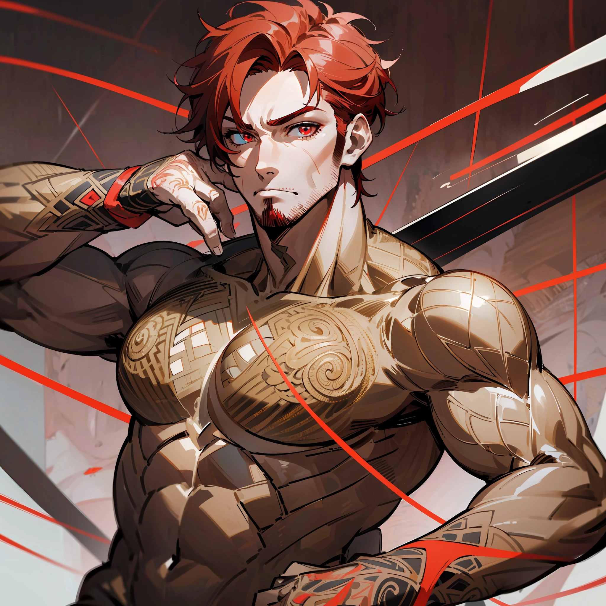 Man, solo, red hair, red right eye, yellow left eye (dynamic pose:1.5), (intricate details:1.2), 8k wallpaper, (highest image quality:1.5), (8k:1.4), (Masterpiece), (ultra-detailed), (Detailed eyes:1.4), (sharp details:1.3), short hair, brown clothing, large body, muscular, manly man