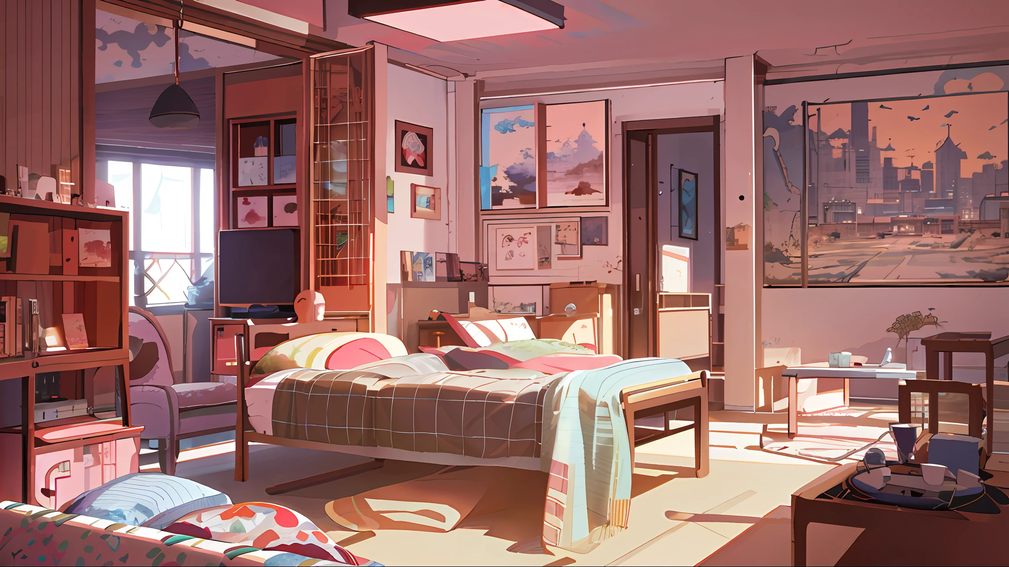 there is a room with a table and a couch in it, anime background art, style of madhouse studio anime, lofi artstyle, interior background art, anime scenery concept art, realistic anime 3 d style, lo-fi illustration style, relaxing concept art, highly detailed scene, detailed scenery —width 672, personal room background, cozy home background