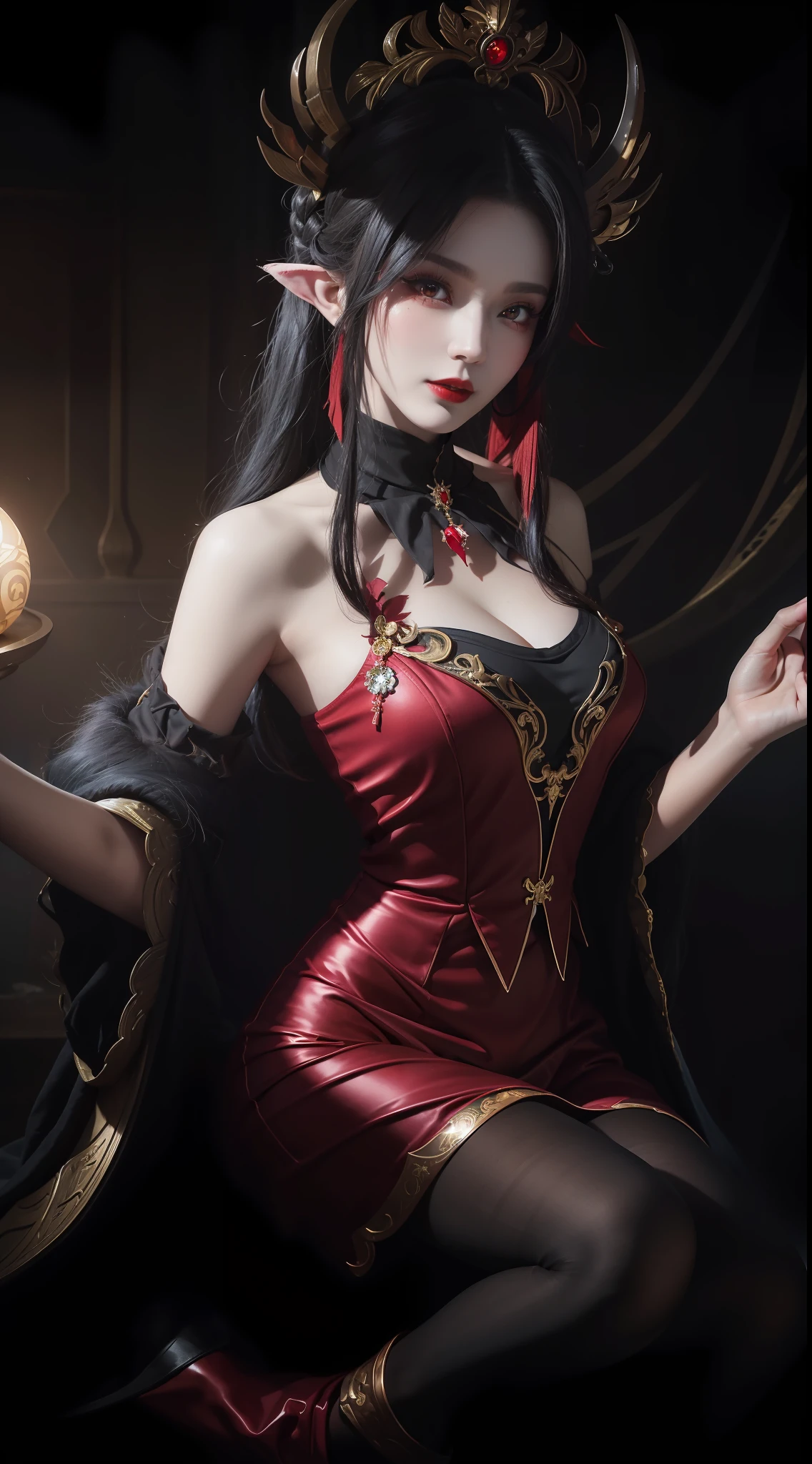 1 beautiful devil woman from hell, In the Dark: 1.6), surreal female portrait by David Hockney and Alphonse Mucha, fantasy art, korea doll, photorealism, dynamic lighting, artstation, poster, volumetric lighting, very detailed faces, 8k ultra, Awarded, in the dark, deep shadow, low key, cowboy lens, (Red phoenix dress: 1.4), long hair, black hair, bust, luxurious palace, Royal style, devil crown, red eyes make up very sharp and detailed, The most beautiful face, big and regular breasts, Super realistic, chinese women's clothing, polo neck sweater, Charming smile, The eyes are very well made up, guweiz, devil style, loong, wearing black mesh socks, upper body, 2 bangs braided hair, Red lips, Devil tattoo on shoulder, wearing a thin red and black robe, the landscape is overcast and thunderous, Portrait,