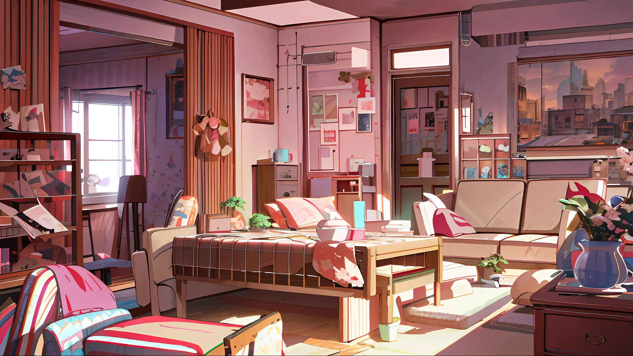 there is a room with a table and a couch in it, anime background art, style of madhouse studio anime, lofi artstyle, interior background art, anime scenery concept art, realistic anime 3 d style, lo-fi illustration style, relaxing concept art, highly detailed scene, detailed scenery —width 672, personal room background, cozy home background