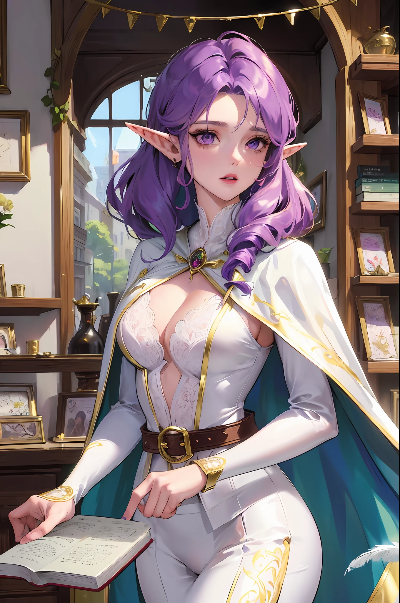 elf merchant, trade, masterpiece, best quality, super detailed, illustration, super detailed face, best face, shop, 30 years old, adult, 1girl, 30 years old, human wife, elf, purple curly hair, white suit, cape, white silk underwear, expensive silk belt, watch, feathers, book, intricate detail outfit