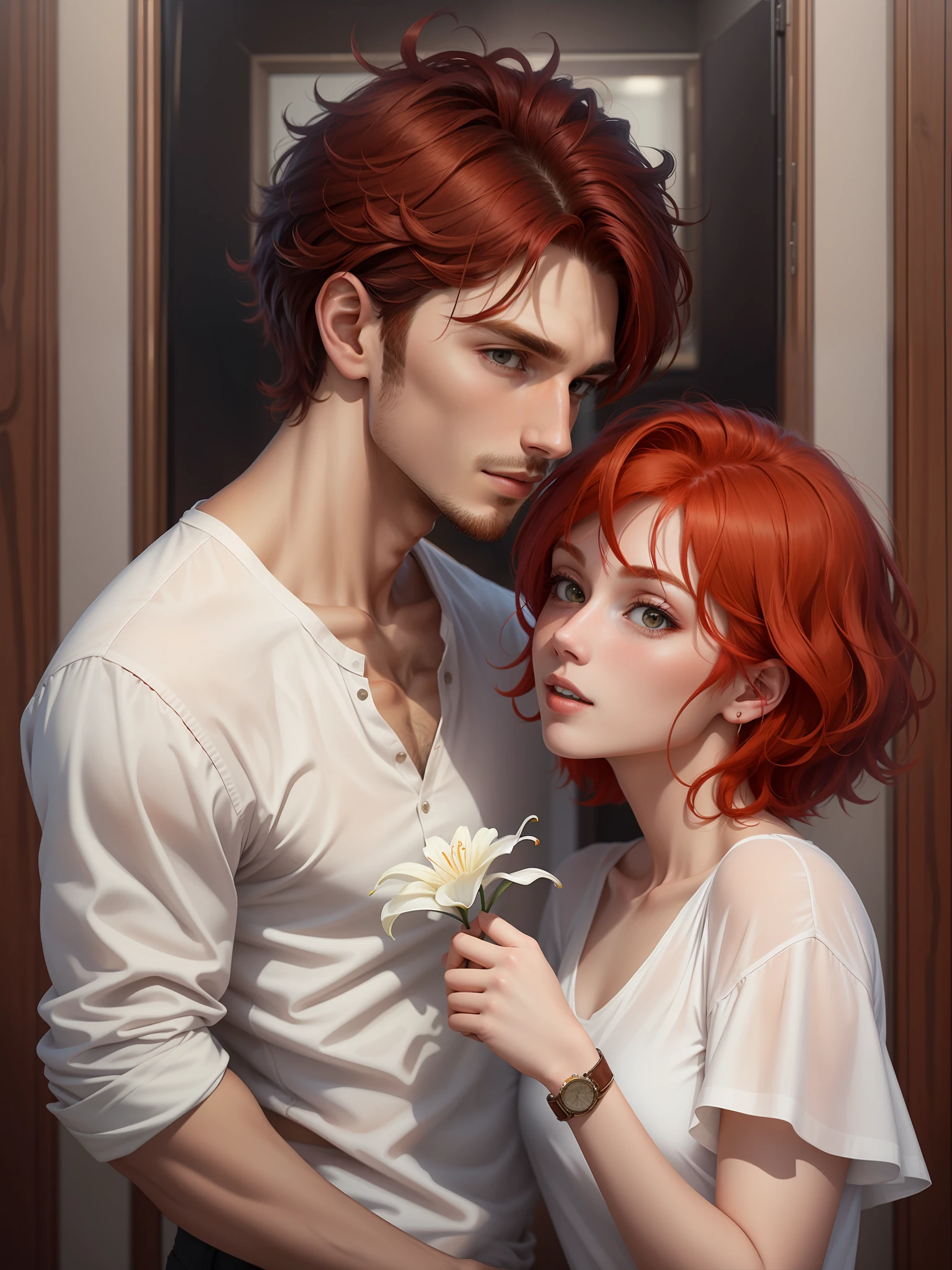 An attractive guy with short, messy hair, wearing a white shirt, holding a lily while talking to a red-haired woman in a provocative and flirtatious manner.