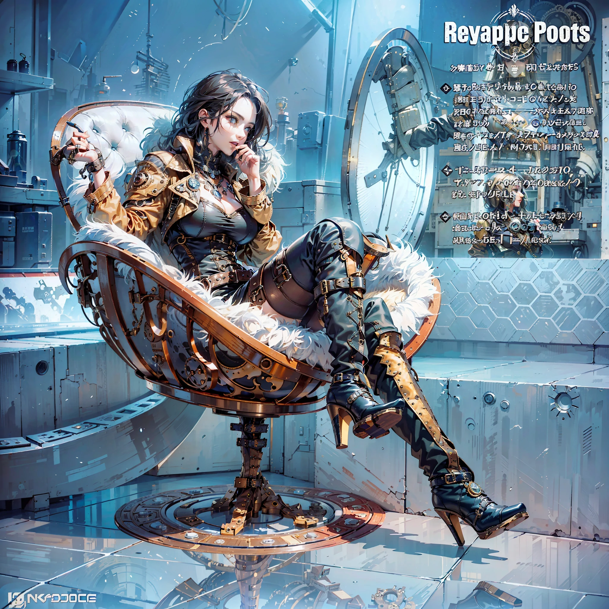(((steampunk,focus on boots, steampunk boot,heels boots, feet,foot, focus on foot))), ung sexy woman, gigantic breast, marked, marked big areola, cameltoe marked,steampunk clothes, steampunk airship, clouds,streaked hair, black hair, eye reflection, makeup, open mouth, smile, high detail, Gothic art, Baroque, motion blur, ray tracing, reflection light, multiple views, perspective, Ultra-Wide Angle, masterpiece, anatomically correct, textured skin, super detail, high details, high quality, best quality, highres, 16k, HD