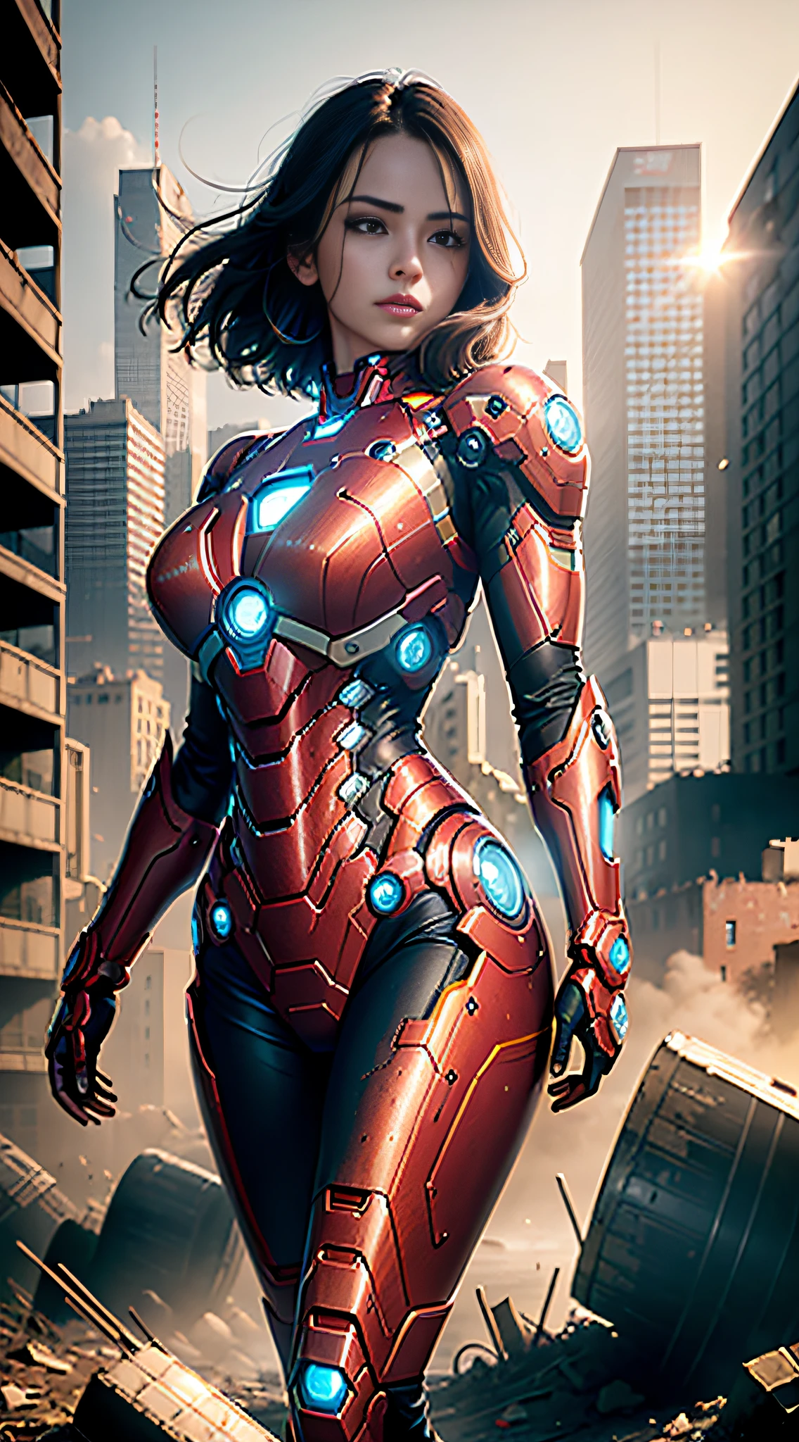 RAW, Masterpiece, Ultra Fine Photo,, Best Quality, Ultra High Resolution, Photorealistic, Sunlight, Full Body Portrait, Stunningly Beautiful,, Dynamic Poses, Delicate Face, Vibrant Eyes, (Side View) , she is wearing a futuristic Iron Man mech, red and gold color scheme, highly detailed abandoned warehouse background, detailed face, detailed and complex busy background, messy, gorgeous, milky white, high detailed skin, realistic skin details, visible pores , sharp focus, volumetric fog, 8k uhd, dslr camera, high quality, film grain, fair skin, photorealism, lomography, sprawling metropolis in futuristic dystopia, view from below, translucent