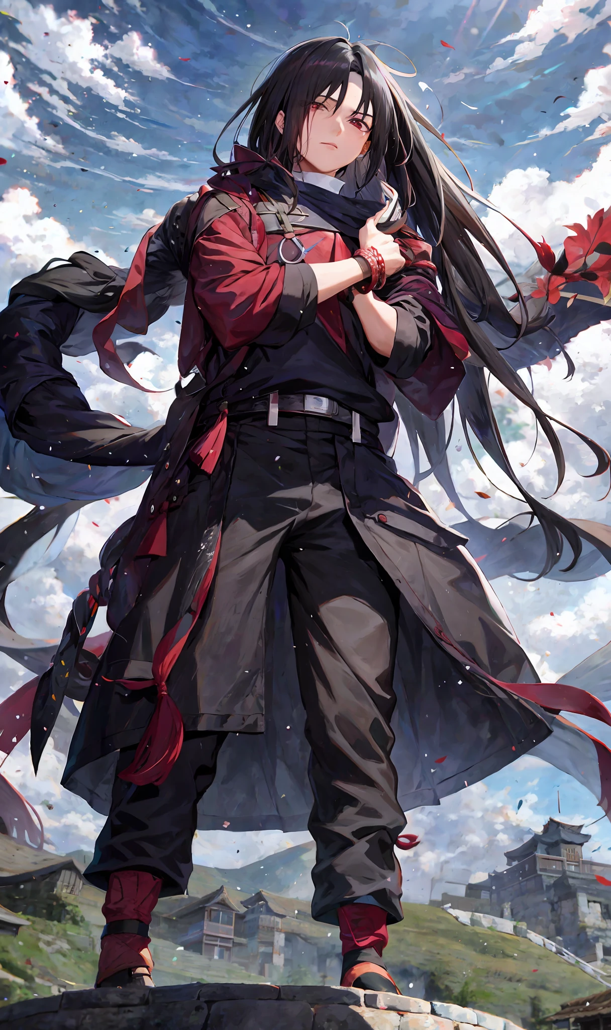 a close up of a person standing hands behind back, konohagakure village background, itachi uchiha, madara uchiha, itatchi uchiha, itachi, akatsuki akira, sasuke uchiha, ((hands behind back)) aragorn in an anime world, by Jin Homura, okata kazuto, from naruto, inspired by Chen Jiru, ryuu