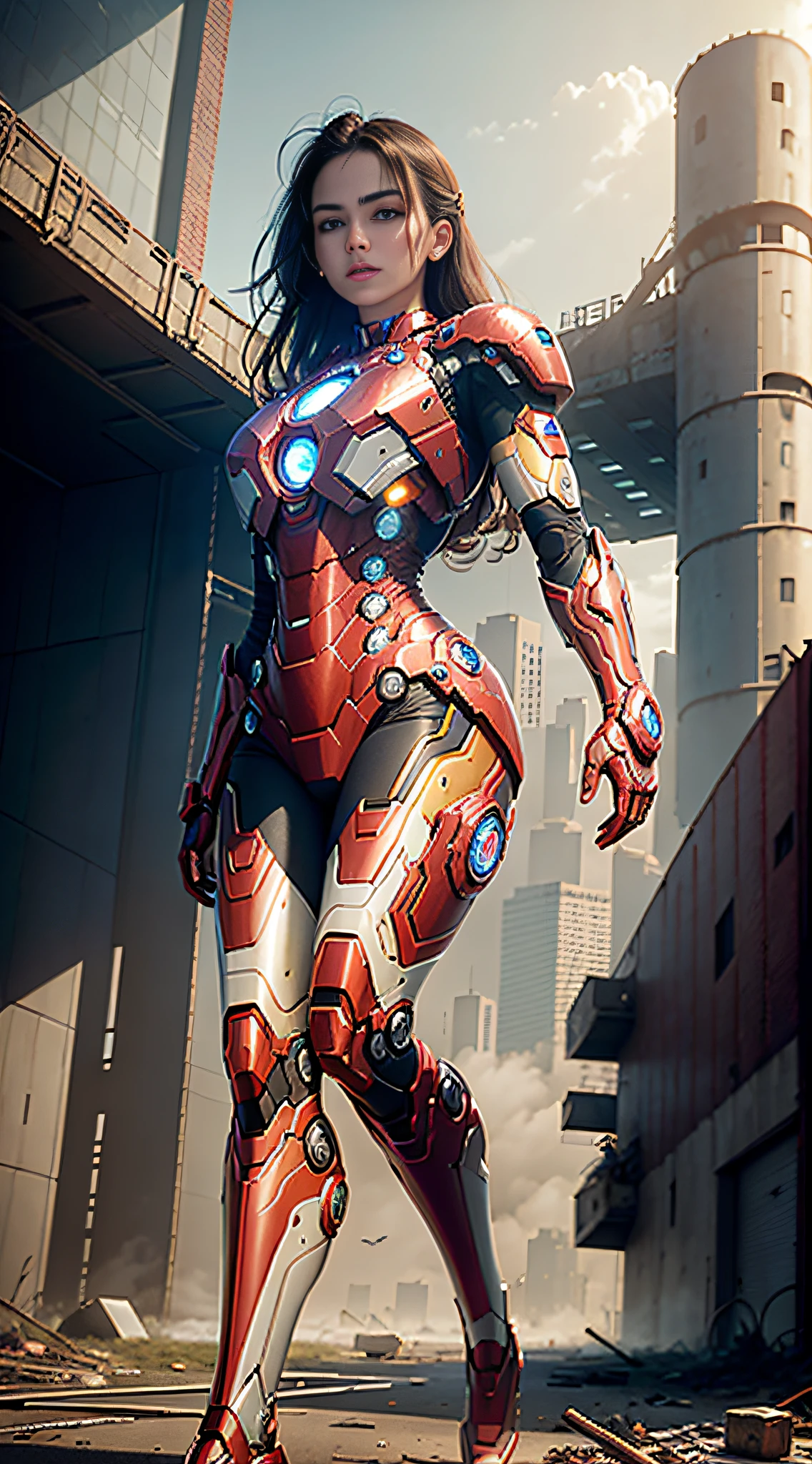 RAW, Masterpiece, Ultra Fine Photo,, Best Quality, Ultra High Resolution, Photorealistic, Sunlight, Full Body Portrait, Stunningly Beautiful,, Dynamic Poses, Delicate Face, Vibrant Eyes, (Side View) , she is wearing a futuristic Iron Man mech, red and gold color scheme, highly detailed abandoned warehouse background, detailed face, detailed and complex busy background, messy, gorgeous, milky white, high detailed skin, realistic skin details, visible pores , sharp focus, volumetric fog, 8k uhd, dslr camera, high quality, film grain, fair skin, photorealism, lomography, sprawling metropolis in futuristic dystopia, view from below, translucent