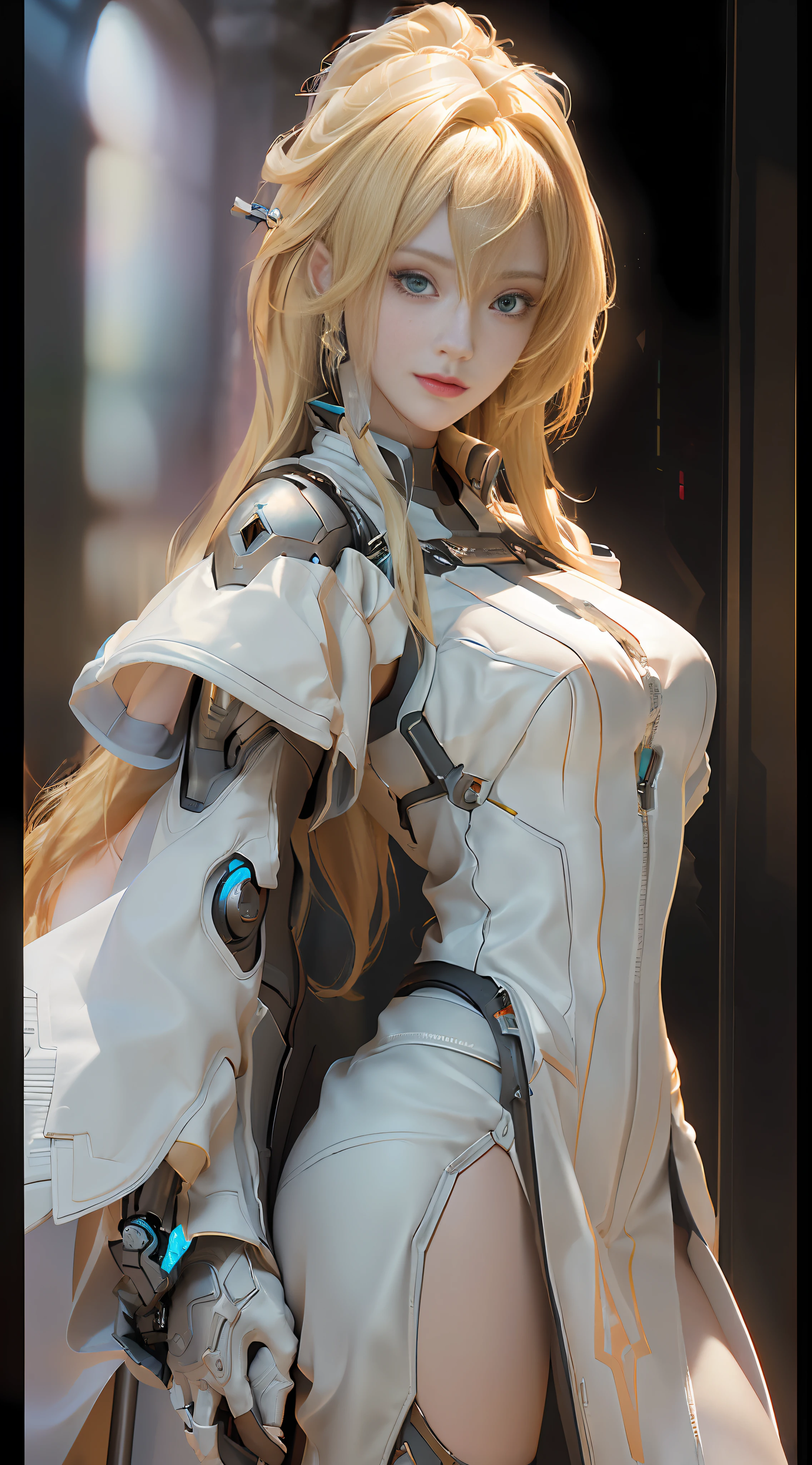 (Best Quality), ((Masterpiece), (Detail: 1.4), (Realistic) A Beautiful Cyberpunk Female Figure, Long Blonde Hair, HDR (High Dynamic Range), Ray Tracing, NVIDIA RTX, Super-Resolution, Unreal 5, Subsurface Scattering, PBR Textures, Post Processing, Anisotropic Filtering, Depth of Field, Maximum Sharpness and Sharpness, Multi-layer Textures, Albedo and Highlight Maps, Surface Shading, Accurate simulation of light-material interactions, perfect proportions, Octane Render, two-color light, large aperture, low ISO, white balance, rule of thirds, 8K RAW,