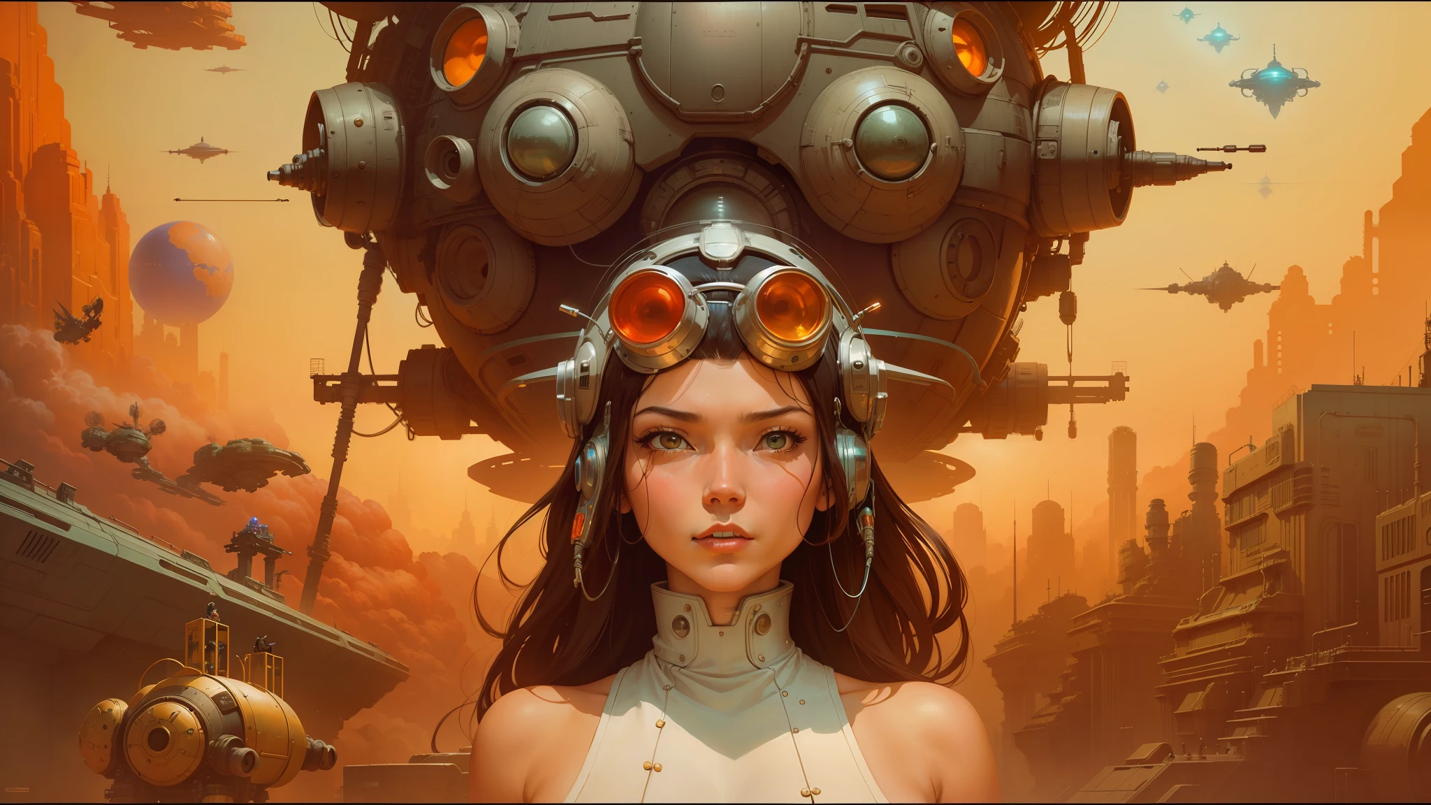 there is a painting of a woman with a robot head on her head, ross tran and michael whelan, apocalyptic future city, inspired by jean moebius giraud, cybernetic culture research unit, inspired by Robert McGinnis, wearing cybernetic bunny ears, widescreen, marc brunet, gigantic girl head --auto --s2