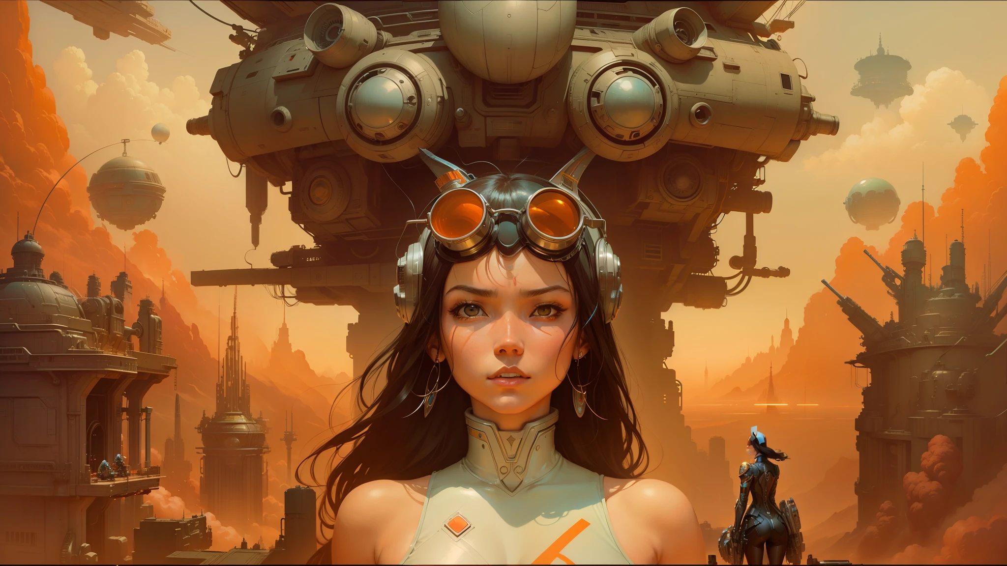 there is a painting of a woman with a robot head on her head, ross tran and michael whelan, apocalyptic future city, inspired by jean moebius giraud, cybernetic culture research unit, inspired by Robert McGinnis, wearing cybernetic bunny ears, widescreen, marc brunet, gigantic girl head --auto --s2