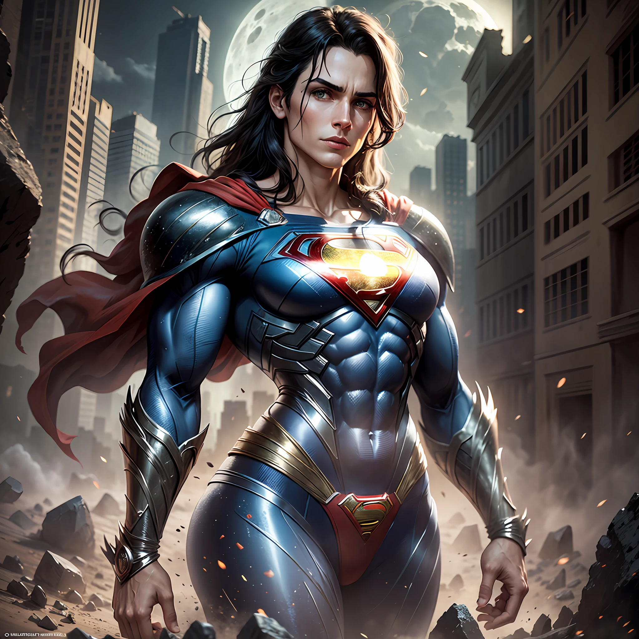 Superman from man of Steel stands imposing in a abandoned haunted lost city. Moonlight highlights your muscles and scars. The scenery is lush and mysterious, with dark city and surroundings. The camera details everything, a warrior woman, in front of him. --auto --s2