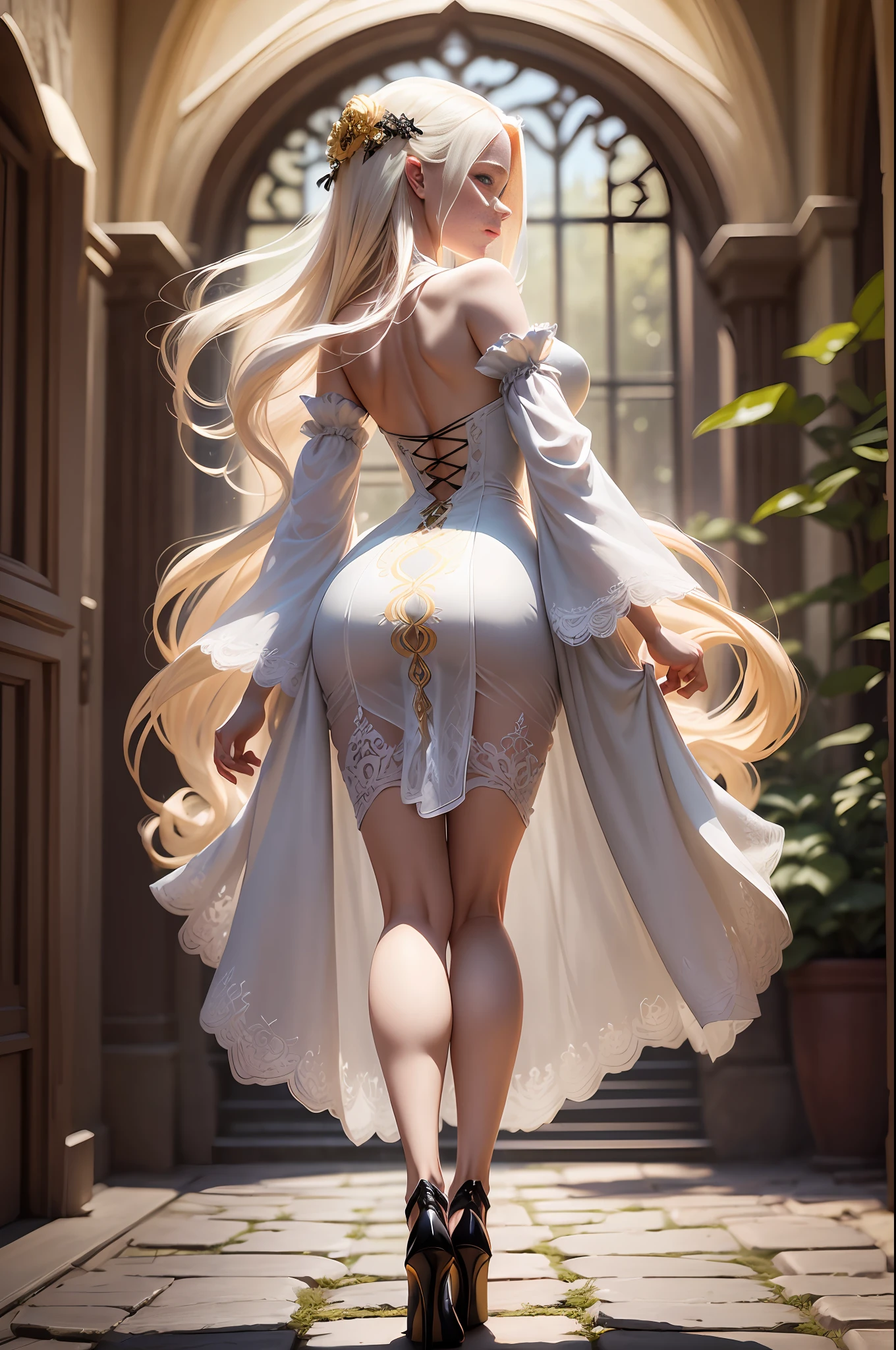 FS, an albino girl with perfect 10 features and long black Rapunzel-like hair, stands in a picturesque Avatar-like scene. Her body is graceful with a petite bust and slender legs. The girl looks stunning in a sheer organza dress with intricate designs. Her high-heeled shoes are elegant with golden patterns. The sunlight creates a subtle silhouette around her contours from the back, while soft and filling light illuminates her from the front. This scene has photorealistic qualities and is a concept art that creates a wow effect of:2. It can be found on the website 500px with hyper-superior details of:2. --auto --s2