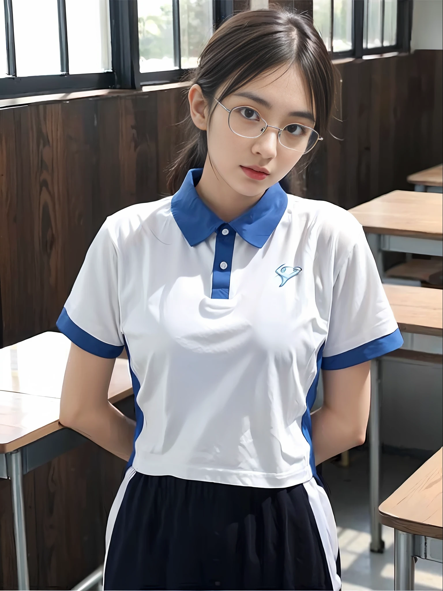 Best Quality, Masterpiece, Ultra High Resolution, RAW Photo, (Realisticity: 1.4), 1 Girl, Short Black Hair, Hair Tied, Light Blue Hairpin, White Skin, Chinese, Young, Thick Eyebrows, Black Eyes, Biting Lip, Black Silk Rim Glasses, Detailed Face, Wearing (Blue Collar White Shirt, Black Sweatpants) (Narrow Waist: 1.2), Medium, In Classroom, Beautiful Lighting, Model Posing