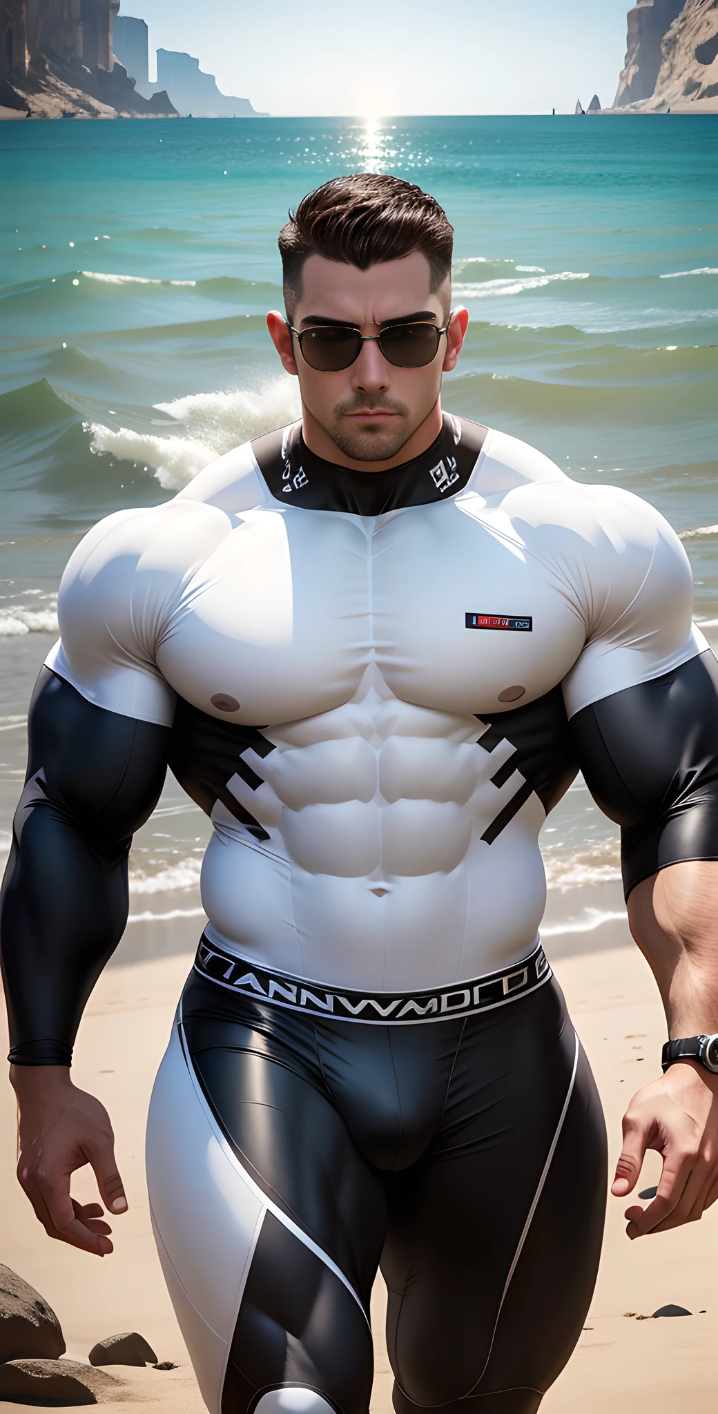 Allad man in white and black clothes standing on the sunny seashore, American round head, Buzz Cut, tall and burly, muscular male hero, heroic male pose, muscular! Wearing black sunglasses, spandex tight high elastic bodysuit, symmetrical floral design, super buff and cool, high resolution committee, character design police, black military boots, attractive strong male with spandex tight high elastic bodysuit, weaving hot sunlight on the body