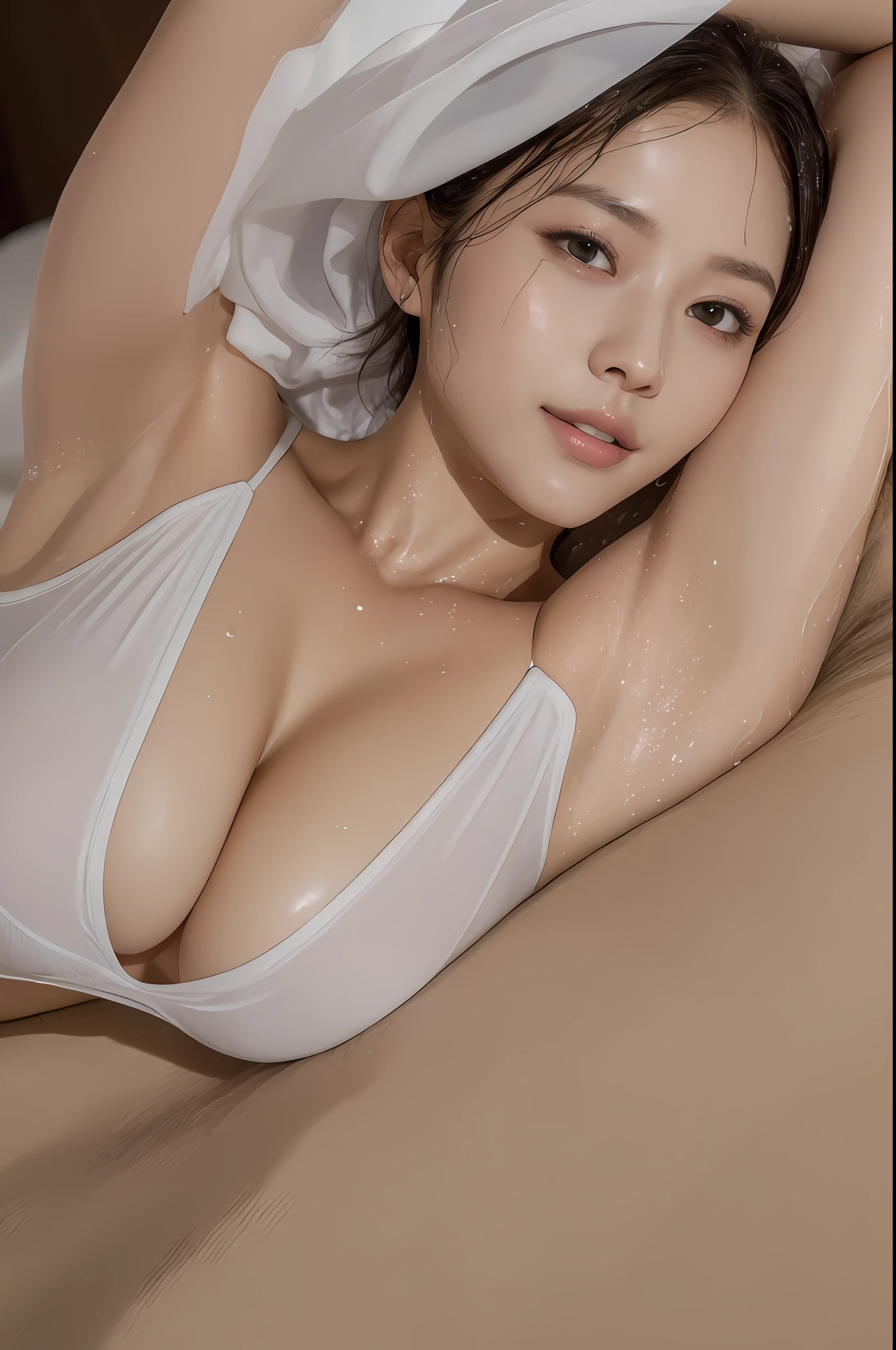 Photorealistic 1.4, (((top quality, 8k, masterpiece: 1.5)), sharp focus: 1.2, 20 years old, bed, love hotel, lying down, cleavage, sweat, big, big ass, bodybuilder, bob cut, smile, k-pop idol, girl, solo, muscle, abs, thick arms, chunky chest plate, white sportswear (wet: 1.4), detailed eyes and skin, Impressive shadows