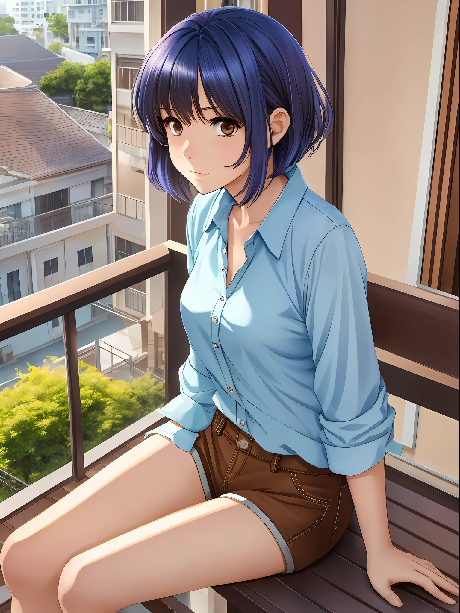 1 anime style girl, brown eyes, short brown hair with (blue locks), wears a light blue blouse and shorts, sitting on a balcony, super detailed
