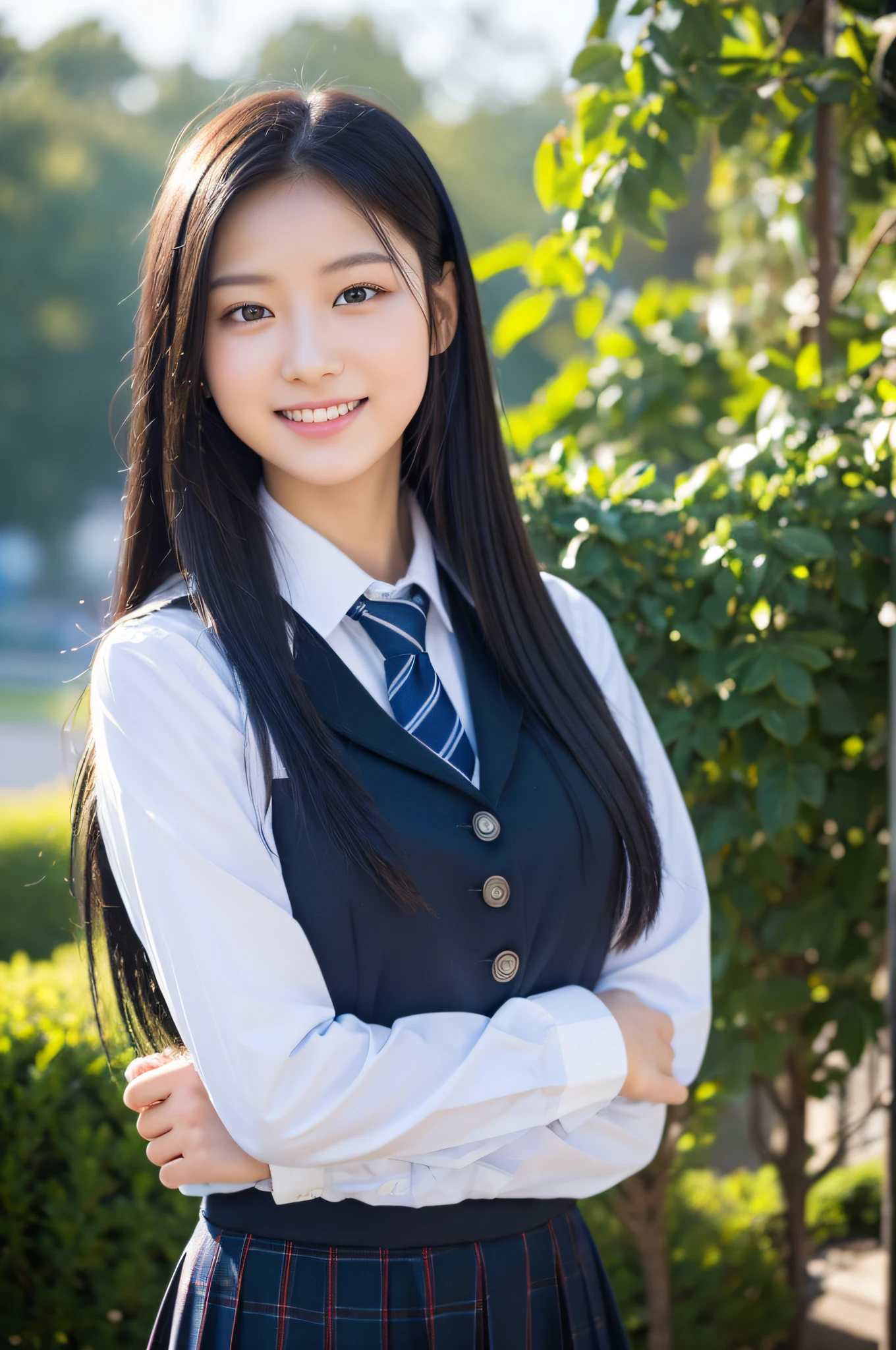 (8k, highest quality, masterpiece: 1.2), ultra detail, highest quality, ultra high resolution, professional lighting, photon mapping, radiosity, physically based rendering, cinematic lighting, depth of field, focusing, sun rays, good composition, (bokeh: 1.2), 1 girl, (full body), smile, beautiful eyes, pose, constriction, black hair, long hair, school uniform,