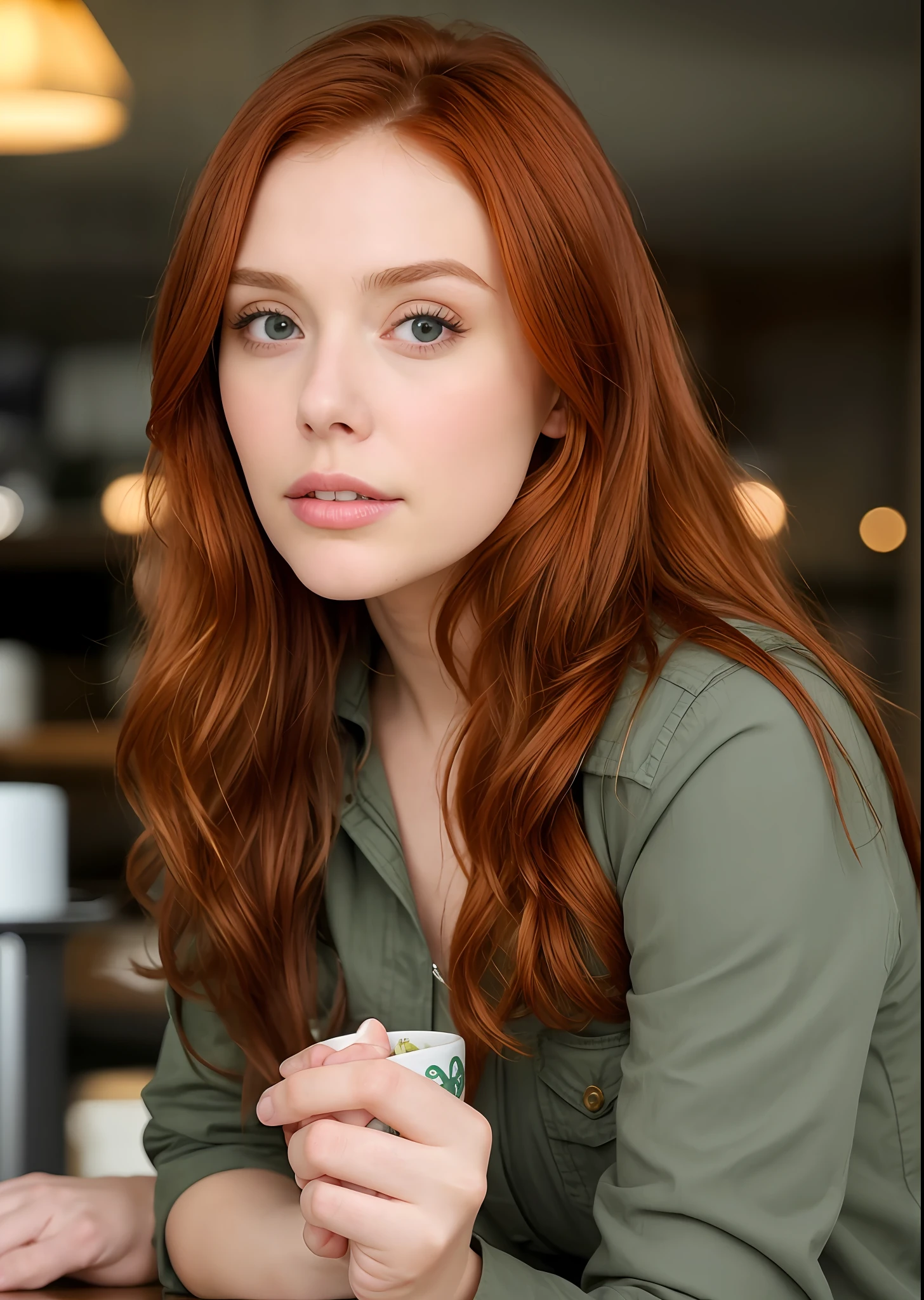 Low angle photo of a gorgeous redhead Elizabeth Olsen, realistic skin texture, looks up, moss green leather jacket and jeans, 8 5 mm art lens, f 1. 2, sharp focus, 8K high definition, insanely detailed, intricate, elegant, art by Stanley Lau and Artgerm, 1970s, bar setting, leaning against the table, coffee cup There is a woman with red hair and a black shirt, Amouranth, with red hair, better known as Amouranth, young Beautiful Amouranth, flowing ginger hair, Aleksandra Waliszewska, long bright red hair, a young redhead, Anastasia Ovchinnikova, Yelena Belova, with wavy red hair