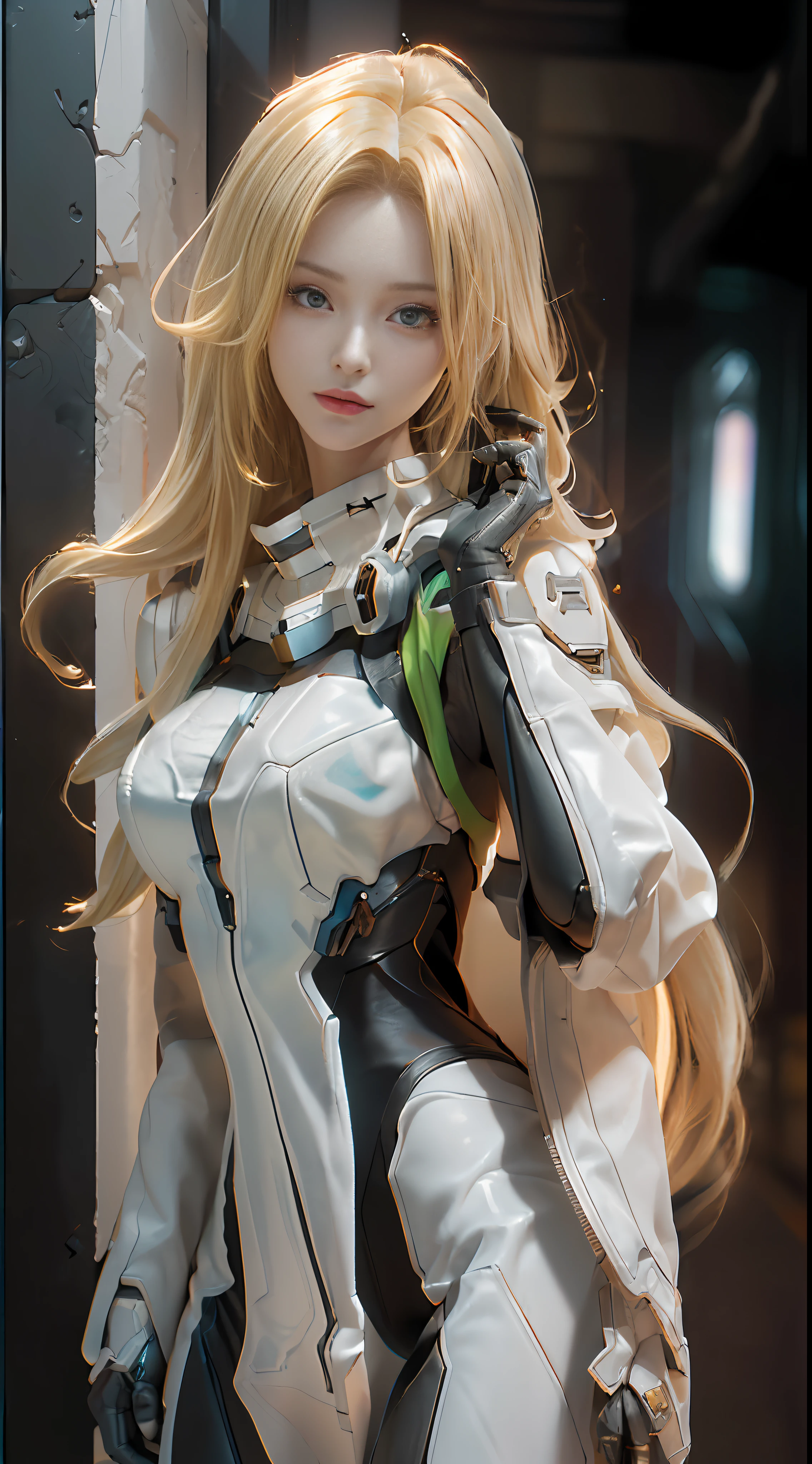 (Best Quality), ((Masterpiece), (Detail: 1.4), (Realistic) A Beautiful Cyberpunk Female Figure, Long Blonde Hair, HDR (High Dynamic Range), Ray Tracing, NVIDIA RTX, Super-Resolution, Unreal 5, Subsurface Scattering, PBR Textures, Post Processing, Anisotropic Filtering, Depth of Field, Maximum Sharpness and Sharpness, Multi-layer Textures, Albedo and Highlight Maps, Surface Shading, Accurate simulation of light-material interactions, perfect proportions, Octane Render, two-color light, large aperture, low ISO, white balance, rule of thirds, 8K RAW,