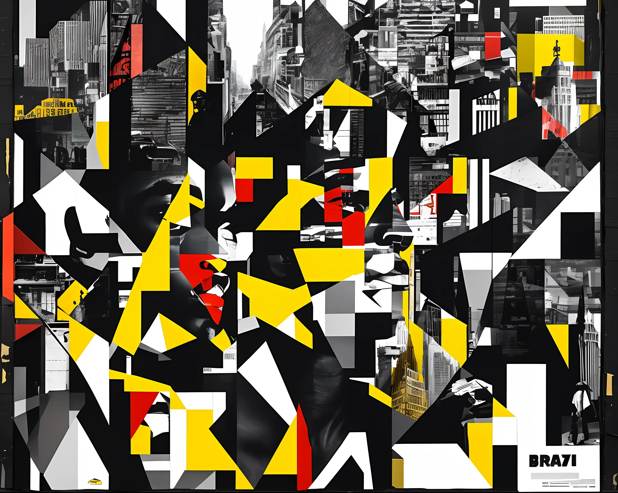 Pop art, hyper-black male model in the streets of new-york, collage, goldblocks, brutalism, black and white