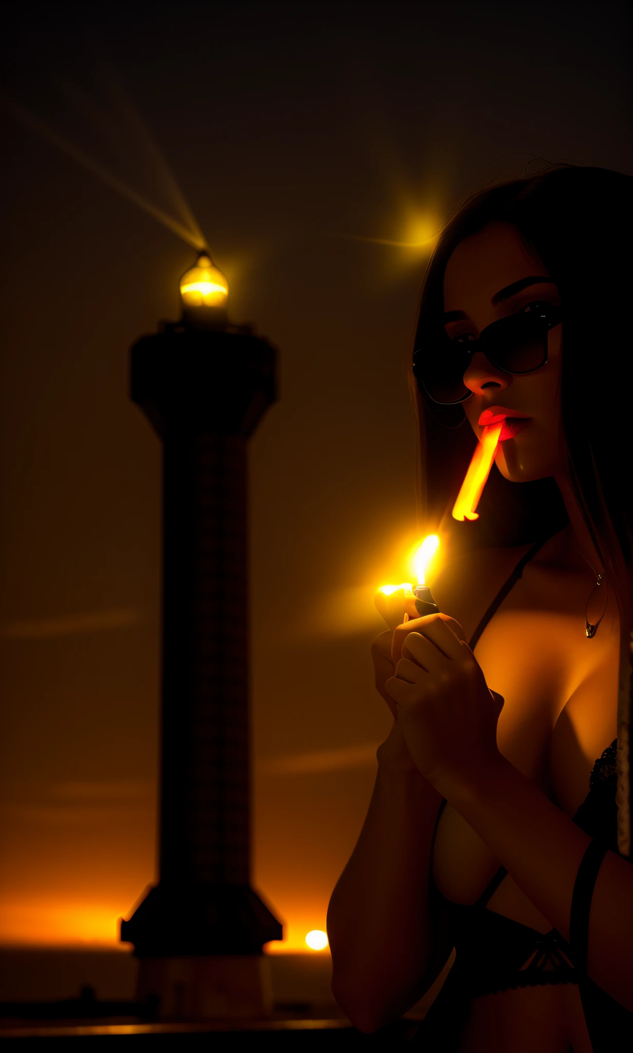 ((masterpiece, 8k, illustration)) Woman in bra holding a lit lighter in front of a headlight, two cigars in her mouth, cigar lighting, torch lit, photo taken at night, at sunset, reminiscent of Blade Runner, lights are on lighthouse,