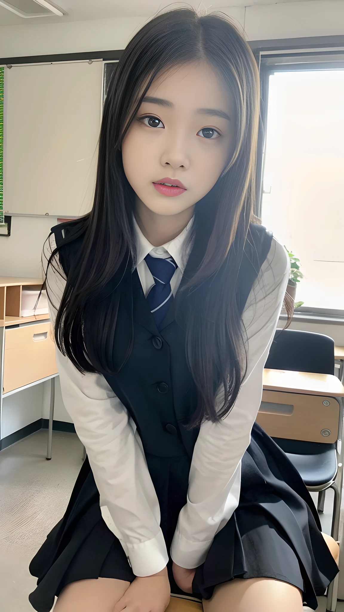 ((Best quality, 8k, Masterpiece: 1.3)), a beautiful girl, pure, melon face, gentle and cute, thin figure, facing right, head to right, lips closed, upper body leaning forward, Japanese school uniform, black silky long hair, round black big eyes, clear big eyes, moist red lips, sweet, desk and chair, sitting at the desk, sunshine, classroom background,