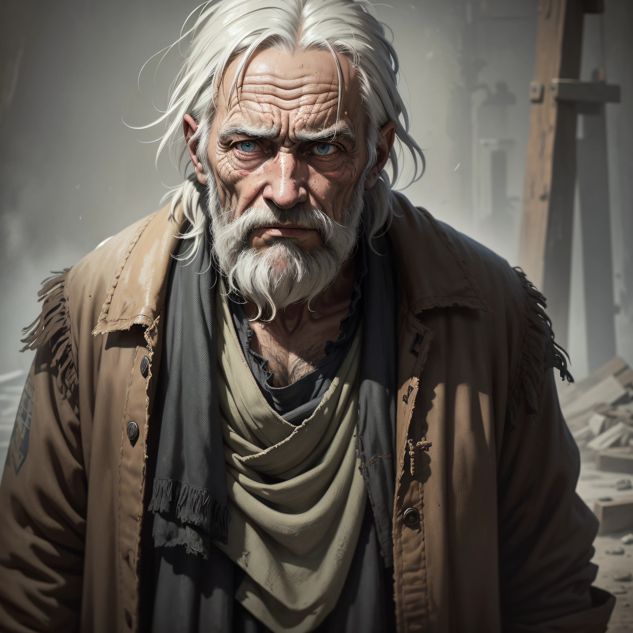 A portrait of poor russian 1800 old worker in rags, ((overwhelming fatigue )), wrinkles of age, concept art, oil pastel painting , moody gray colors , gritty, messy stylestyle of Alexey Savrasov, Ivan Shishkin, Ilya Repin, (cel shaded:1.2), 2d, (oil painting:1.2) highly detailed
