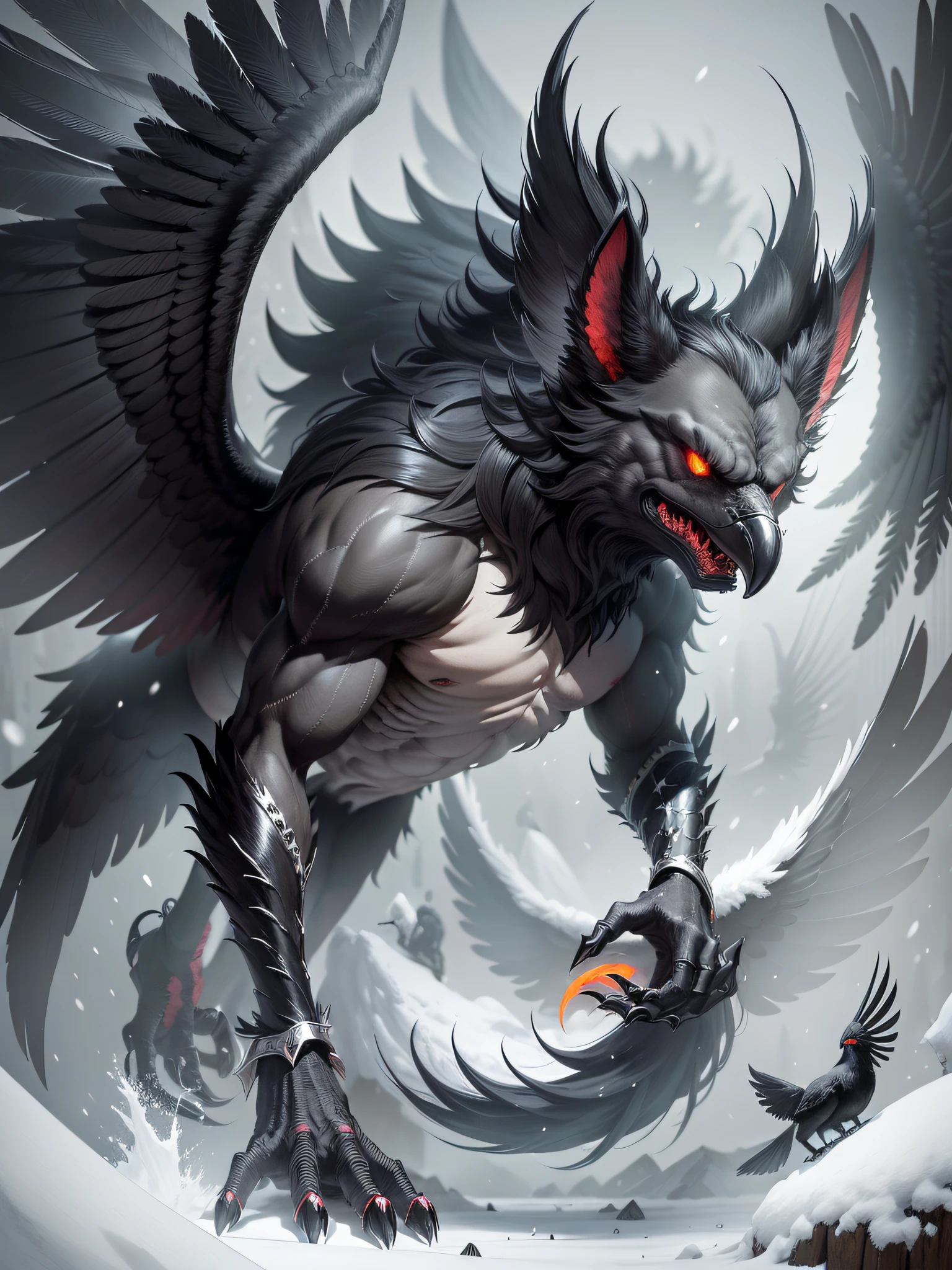 There is a one-black, all-black demonic monster with a bird's head and beak and huge black wings, (on four legs with a body covered with completely black hair and a long black tail of a dog). Background Snowy endless plain, falling snow, white glowing snow, (masterpiece)