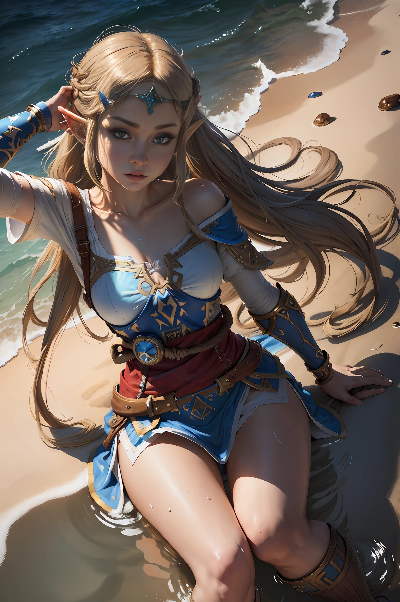 masterpiece, realistic, realism, photorealism, high contrast, in full light, photorealistic digital art trending on Artstation 8k HD high definition detailed realistic, 1girl, (solo:1.5), young beautiful woman, petite, very small perky breasts, ((blue eyes)), blonde knee long hair, long tight white dress with slits, white knee high socks, (no head gear:1.5), ((princess zelda)), parted lips, art by artgerm and ruan jia and greg rutkowski surreal painting, detailed, skin texture, hyper-detailed, realistic skin texture, side view, shore, lying in the shoreline, caribbean sea, crystal water, clear water, head down, flustered, drenched