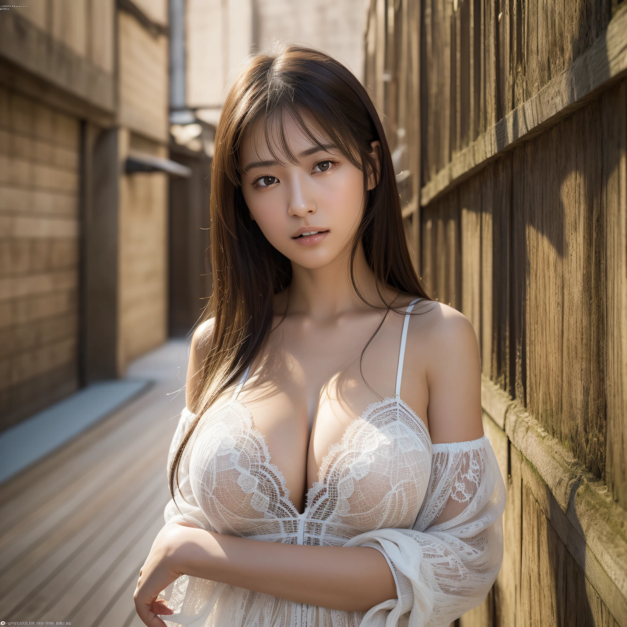 Top Quality, Masterpiece, Ultra High Resolution, (Photorealistic: 1.4), Japanese Gravure Idol, Single Woman, Big, Cleavage, Accentuate Breasts, Heavy, Realistic Dark Brown Hair, Black Eyes, Double Eyelids, Realistic Textured Skin, Realistic Shadows, Realistic Lighting, Photon Mapping, Physical Rendering, Lace, Soft Skin Feeling, White Skin