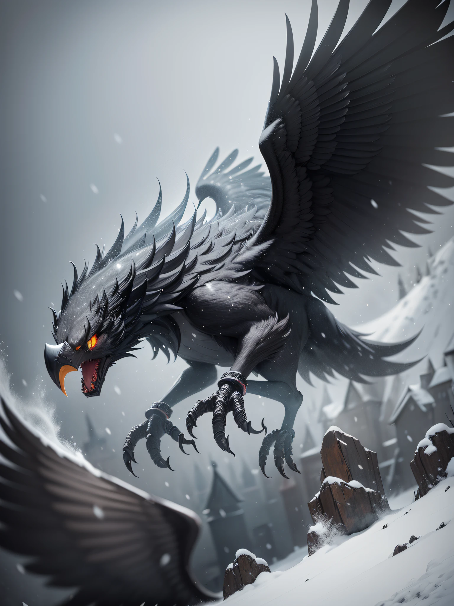 There is a one-black, all-black demonic monster with a bird's head and beak and huge black wings, (on four legs with a body covered with completely black hair and a long black tail of a dog). Background Snowy endless plain, falling snow, white glowing snow, (masterpiece)