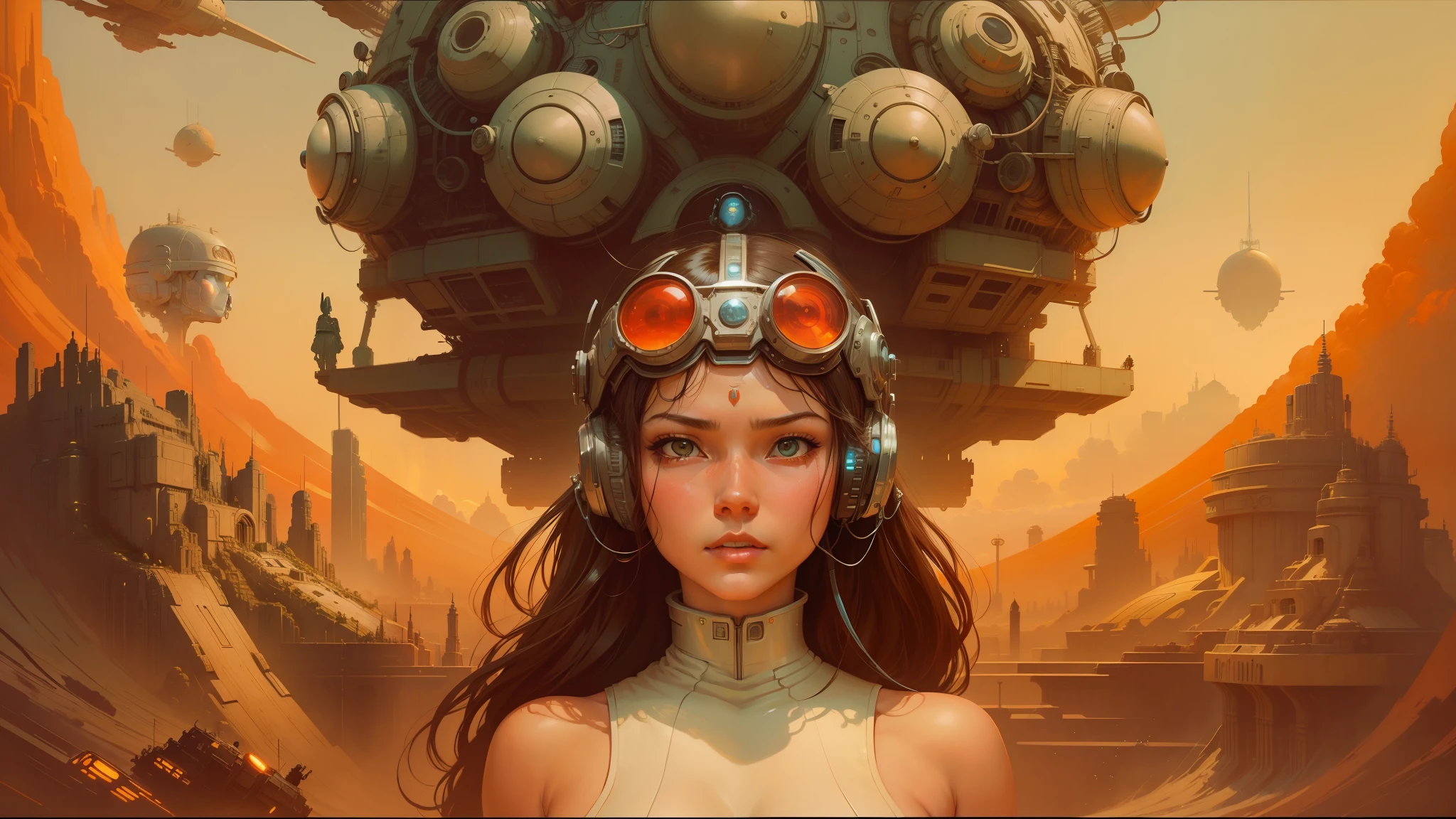 there is a painting of a woman with a robot head on her head, ross tran and michael whelan, apocalyptic future city, inspired by jean moebius giraud, cybernetic culture research unit, inspired by Robert McGinnis, wearing cybernetic bunny ears, widescreen, marc brunet, gigantic girl head --auto --s2