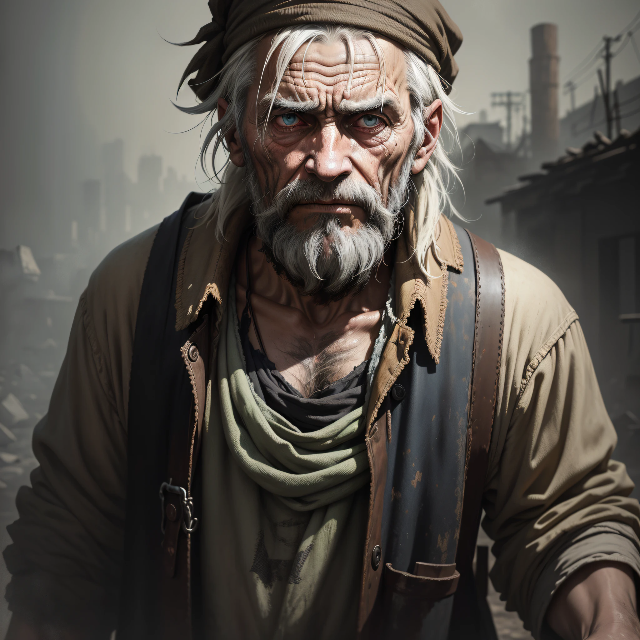 A portrait of poor russian 1800 old worker in rags, ((overwhelming fatigue )), wrinkles of age, concept art, oil pastel painting , moody gray colors , gritty, messy stylestyle of Alexey Savrasov, Ivan Shishkin, Ilya Repin, (cel shaded:1.2), 2d, (oil painting:1.2) highly detailed