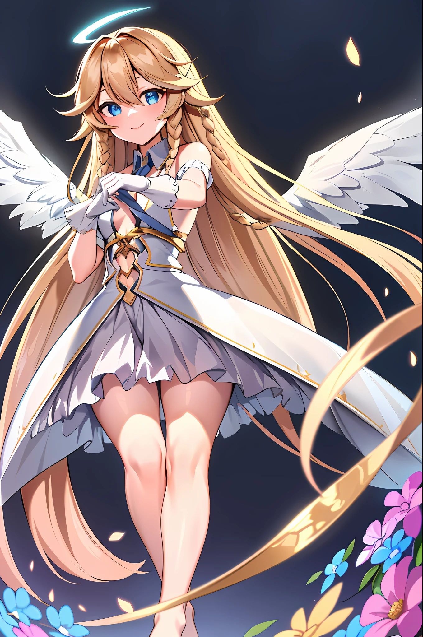 (masterpiece, best quality, high quality, highres:1.2), ultra high res, absurdres, sharp focus, detailed,
standing, mid shot,
1girl, e7 aol, white gloves, spread wings,
looking at viewer, blue eyes, defined pupils, finely-detailed eyes, smile,
perfect hands, skinny, detailed skin, shiny skin,
outdoors, park, daytime,
detailed background, brilliant colorful, subsurface scattering, volumetric lighting, extremely detailed