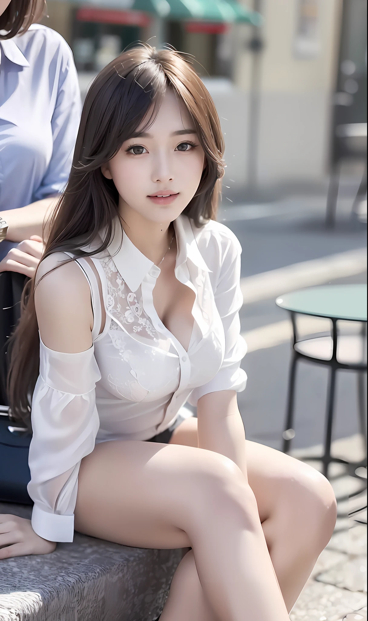 NSFW, (8k, best quality, master:1.2), (realistic, photo-realistic:1.37), super detailed, 1 girl with bra, looking at the audience, cute, beautiful detailed sky, detailed café, sitting at the table for afternoon tea, full body, (smile:1.15), shut up, mid-chest, burst shirt buttons, beautiful delicate eyes, (collared shirt: 1.1), daytime, sunlight, white lace, ( Long hair: 1.4), shoulder-length hair, silver hair, uniform, white skin, movie lights, street lights, (sexiest actress: 1.4), full body photos, (coffee table:1), (handbag: 1), ulzzang-6500-v1.1:0.3, karinak-4501-6300:1.2, long legs, high heels, panties