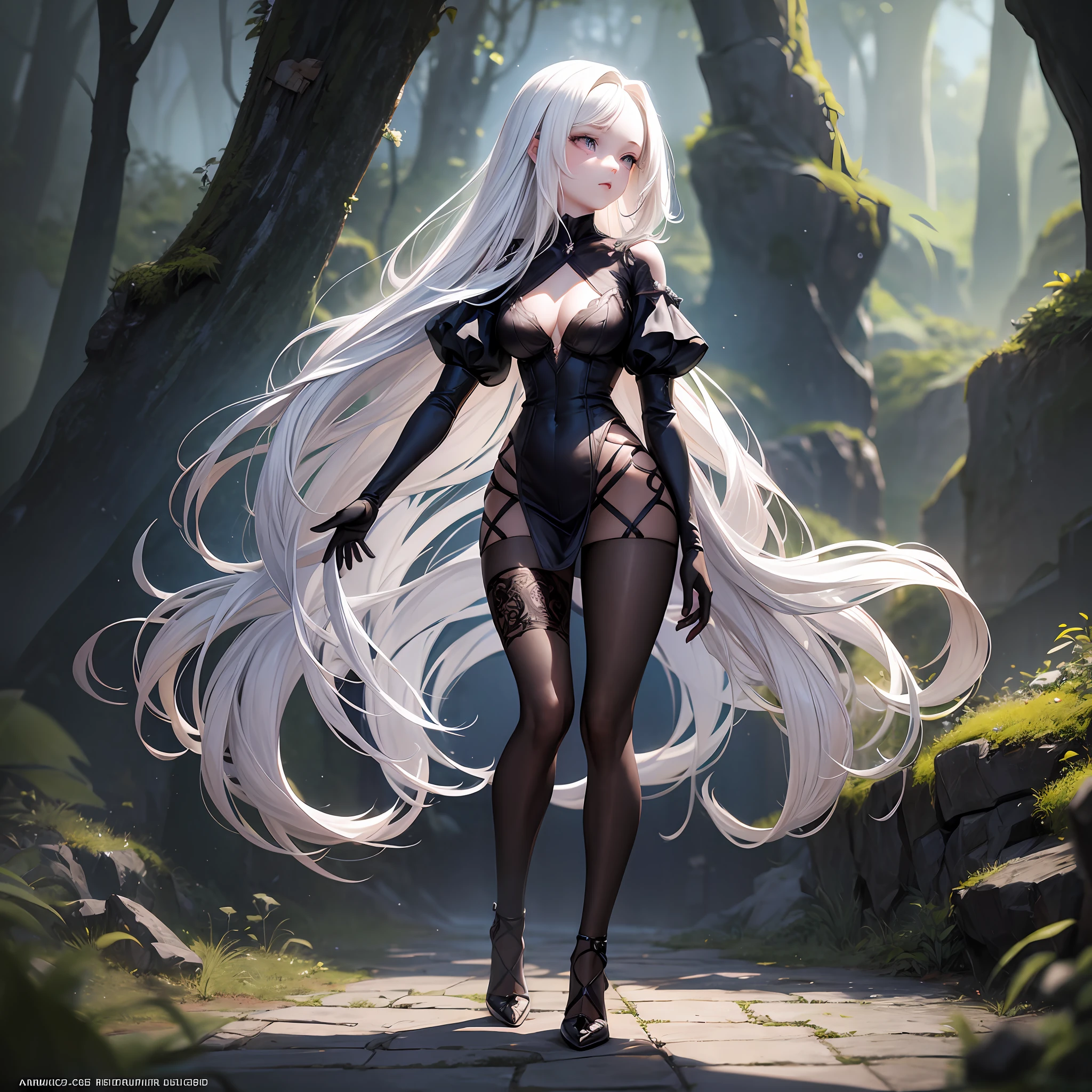 FS, an albino girl with perfect 10 features and long black Rapunzel-like hair, stands in a picturesque Avatar-like scene. Her body is graceful with a petite bust and slender legs. The girl looks stunning in a sheer organza dress with intricate designs. Her high-heeled shoes are elegant with golden patterns. The sunlight creates a subtle silhouette around her contours from the back, while soft and filling light illuminates her from the front. This scene has photorealistic qualities and is a concept art that creates a wow effect of:2. It can be found on the website 500px with hyper-superior details of:2. --auto --s2