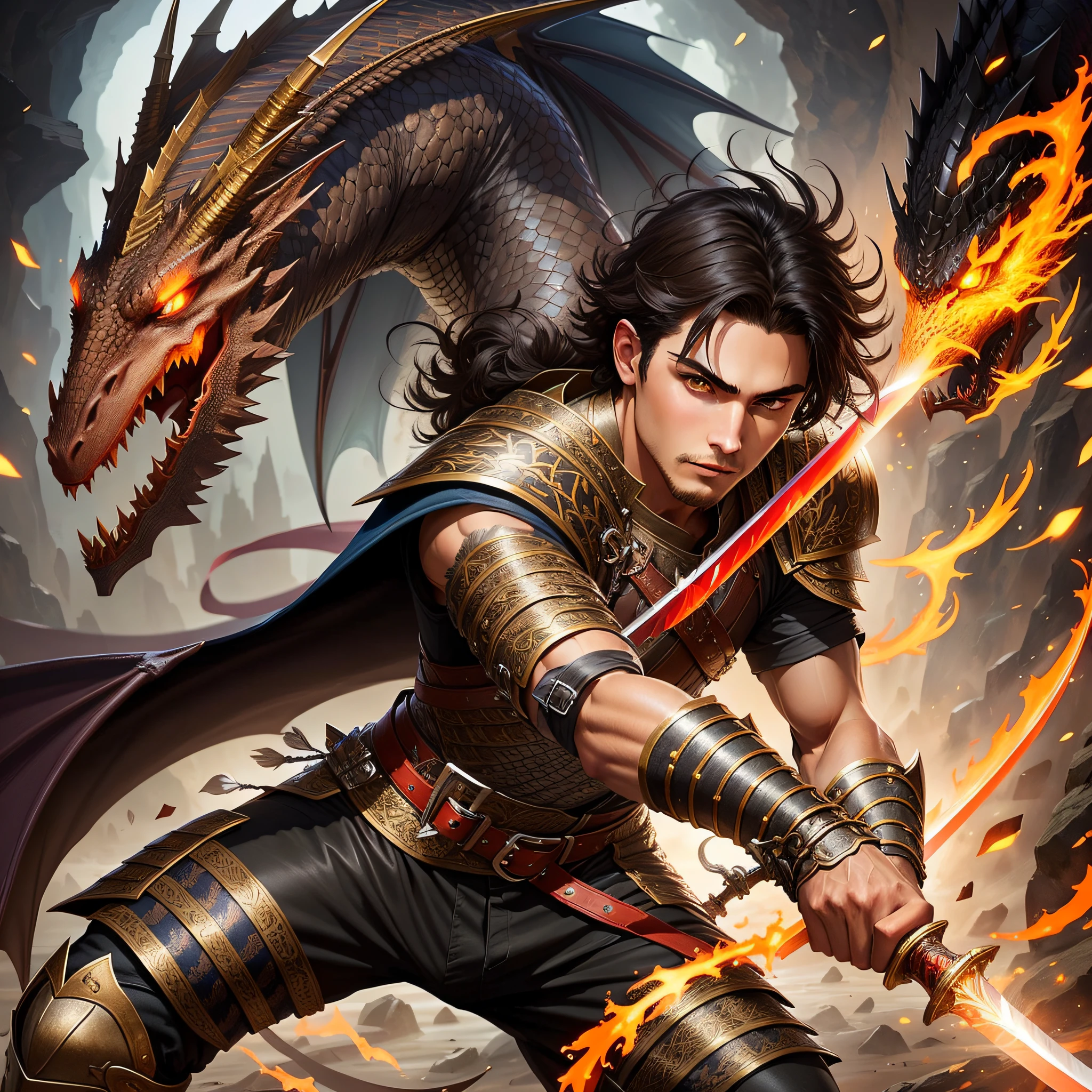 a closeup of a man holding a sword with a dragon in the background, Young Warrior man 16 years old, black hair. wielding a fiery sword. Dragon eyes