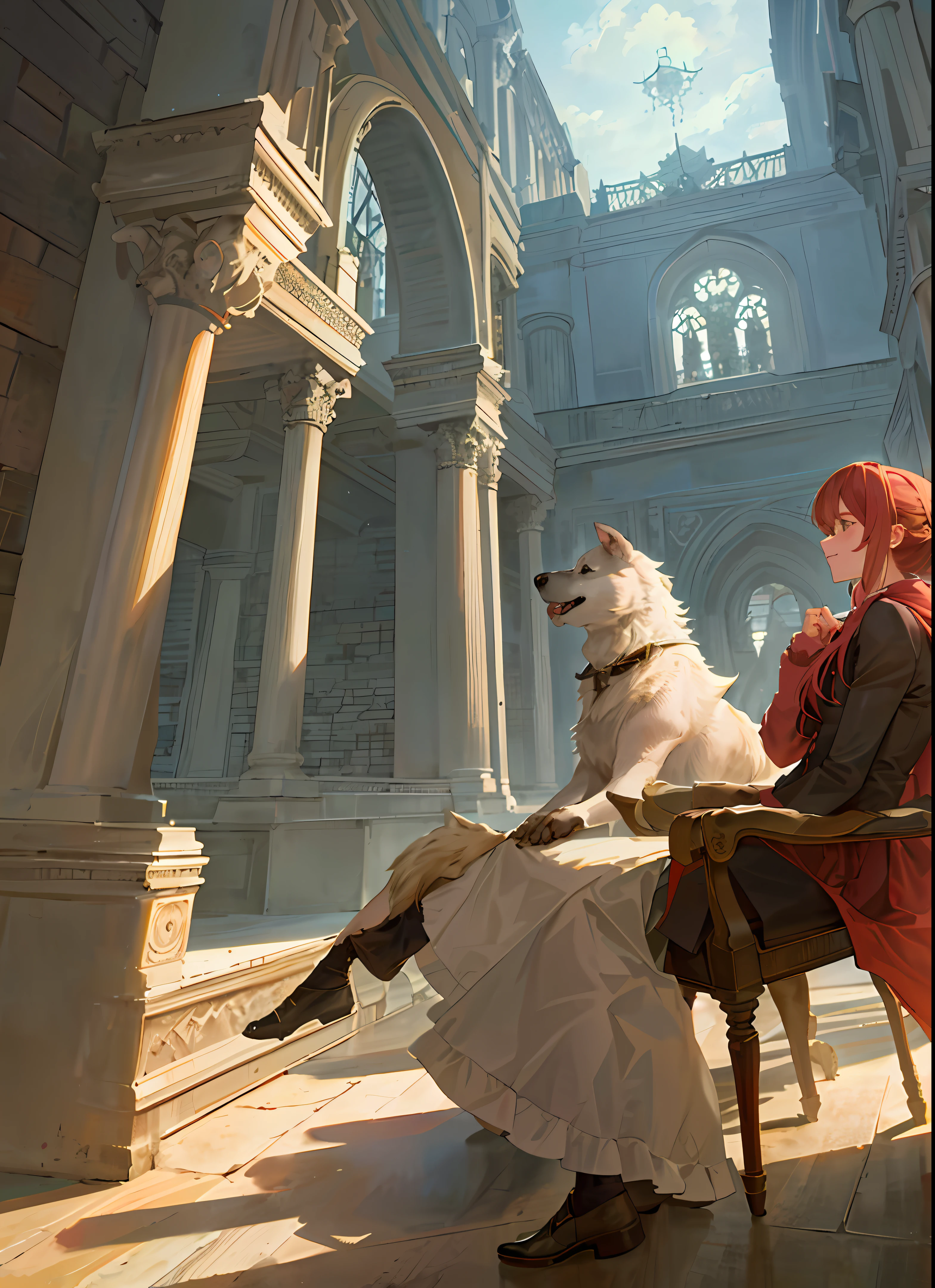 dog with its owner looking at the sunset, high definition image, masterpiece, realistic.