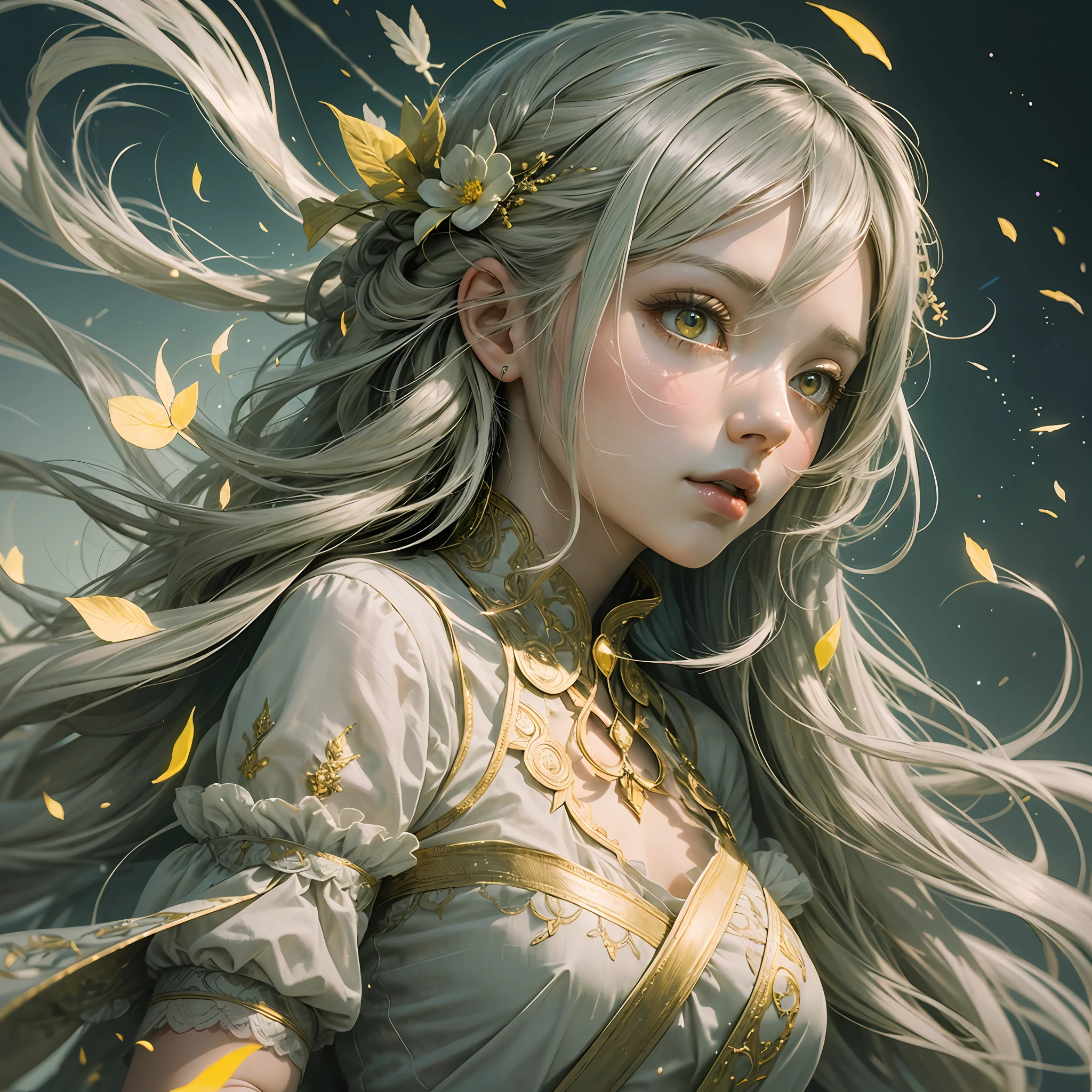 Very delicate and beautiful CG illustration, highest quality, high resolution, dynamic angle, full-length shot, (1girl), yellow eyes and straight long gray hair, floating, soft light, high-key lighting) Alice, girl --auto --s2