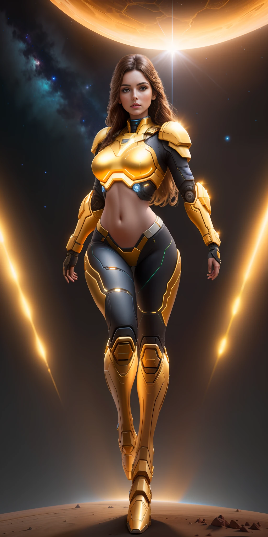 extremely detailed photo of a woman, brunette, space armor, ((full body, navel, groin)), natural pose, futuristic, 8k uhd, RAW photography, digital painting, ultra detailed, golden ratio