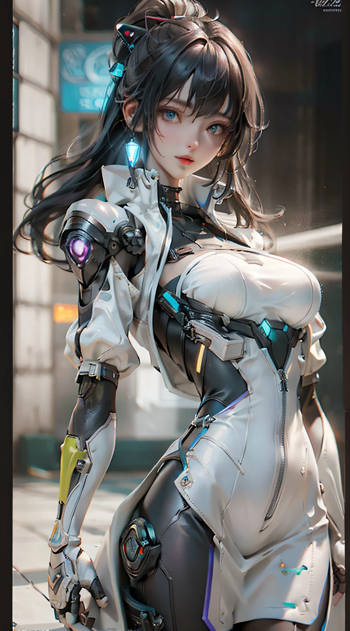 ((Best quality)), ((masterpiece)), (detailed:1.4), 3D, an image of a beautiful cyberpunk female,HDR (High Dynamic Range),Ray Tracing,NVIDIA RTX,Super-Resolution,Unreal 5,Subsurface scattering,PBR Texturing,Post-processing,Anisotropic Filtering,Depth-of-field,Maximum clarity and sharpness,Multi-layered textures,Albedo and Specular maps,Surface shading,Accurate simulation of light-material interaction,Perfect proportions,Octane Render,Two-tone lighting,Wide aperture,Low ISO,White balance,Rule of thirds,8K RAW,