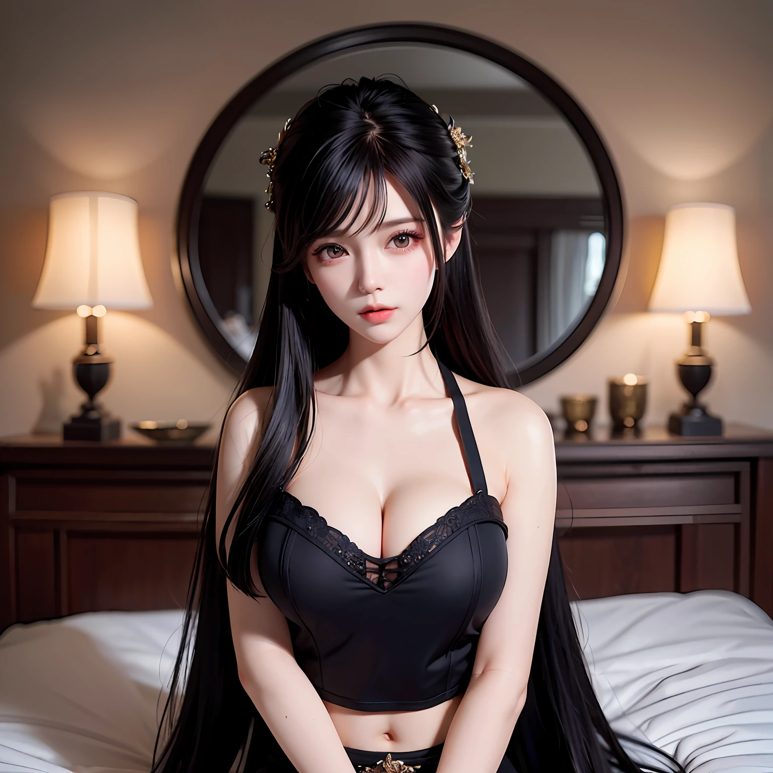 ((Top Quality, 8K, Masterpiece: 1.3)), Beauty, Hidden Face, 1 Girl, Beauty: 1.3, Slender Abs: 1.1, Camisole Vest, Long Black Hair, (Sitting on Bed), Ultra Detailed Face, Highly Detailed Lips, Detailed Eyes, Double Eyelid Collapse 3 Valkyrie