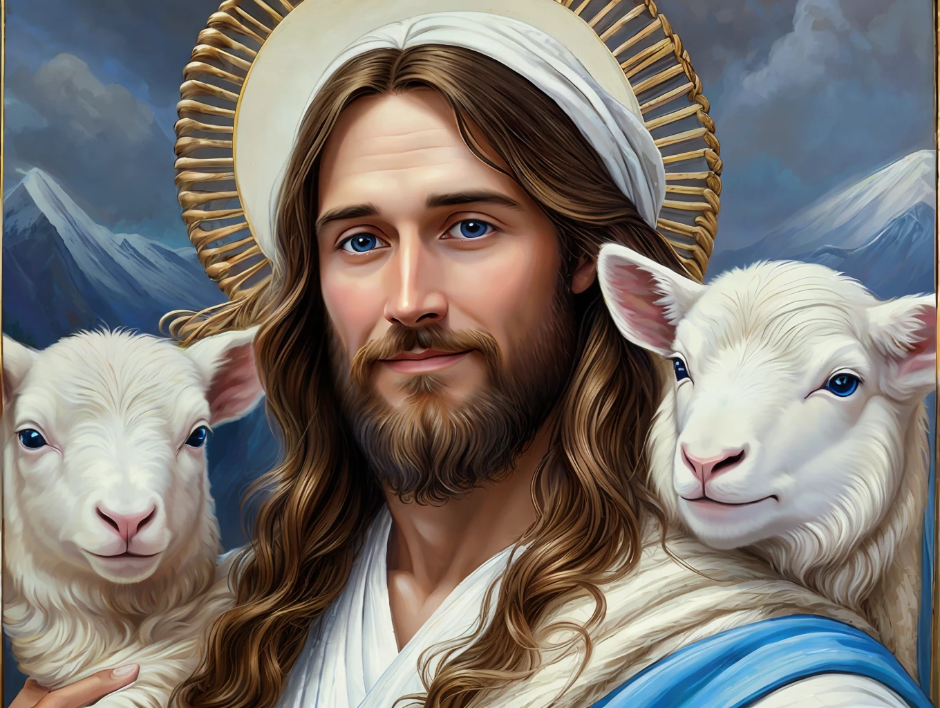 Jesus,portrait, soft light, a man with long brown hair and a beard, wearing a white robe and a blue sash, holding a lamb in his arms, smiling gently, mountains and clouds in the background, 8k, oil painting --auto --s2