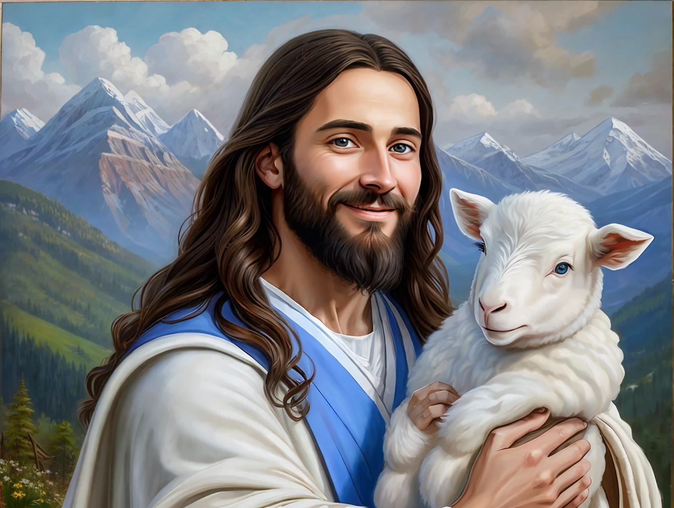Jesus,portrait, soft light, a man with long brown hair and a beard, wearing a white robe and a blue sash, holding a lamb in his arms, smiling gently, mountains and clouds in the background, 8k, oil painting --auto --s2