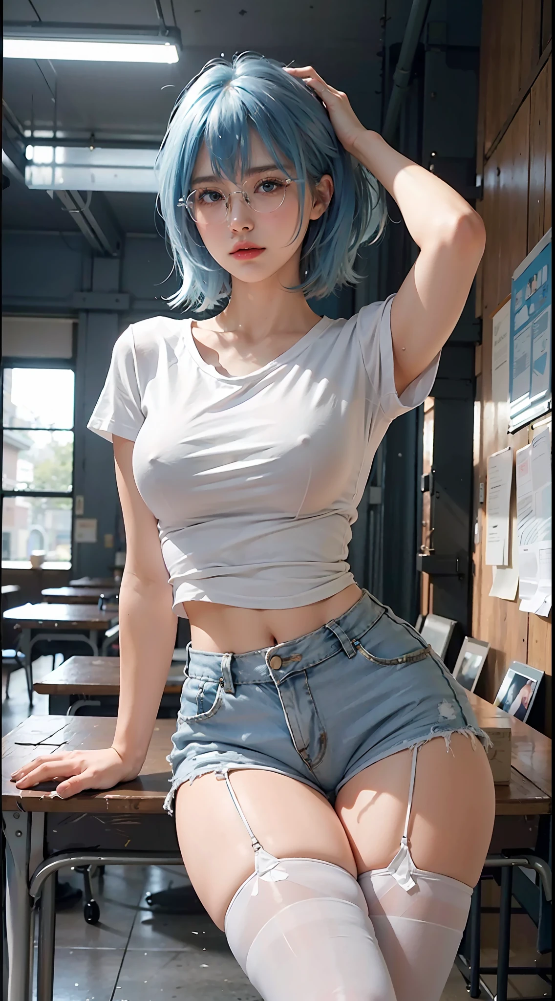 (1 girl), perfect female body, (((tight white T-shirt))), beautiful eyes, (delicate face), short black hair, hair tied up, light blue hair card, black silk rimmed glasses, in the classroom, (fair skin), (best lighting), (super complex details), 4K unity, (super detailed CG), exposed fair legs, stockings, hot pants, shorts,