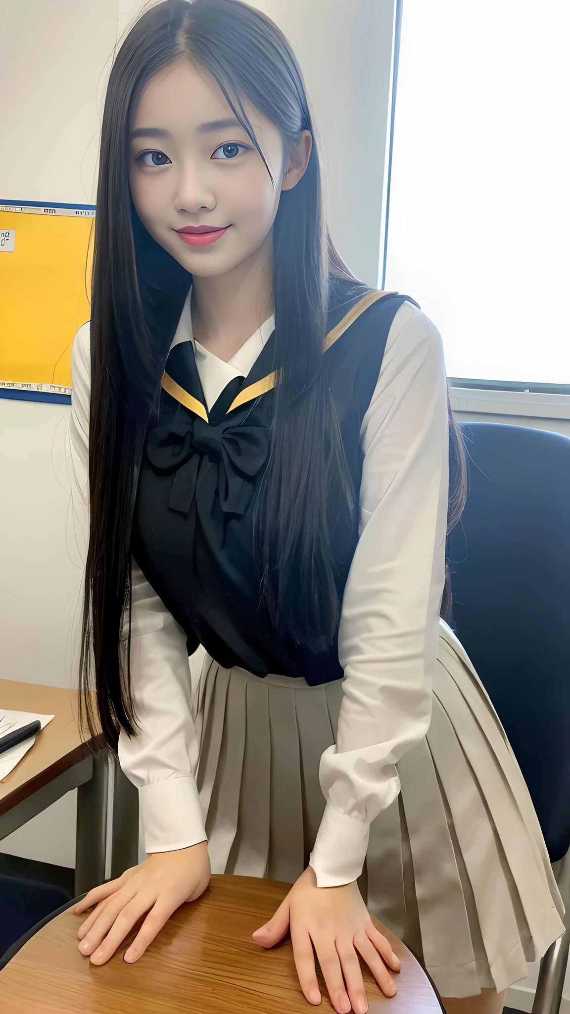 ((Best Quality, 8K, Masterpiece:1.3)), A beautiful girl, pure, melon face, gentle and cute, thin figure, facing right, head to right, lips closed, upper body leaning forward, Japanese school uniform, black silky long hair, round black big eyes, clear big eyes, moist red lips, sweet smile, desk and chair, sitting at the desk, sunshine, classroom background,