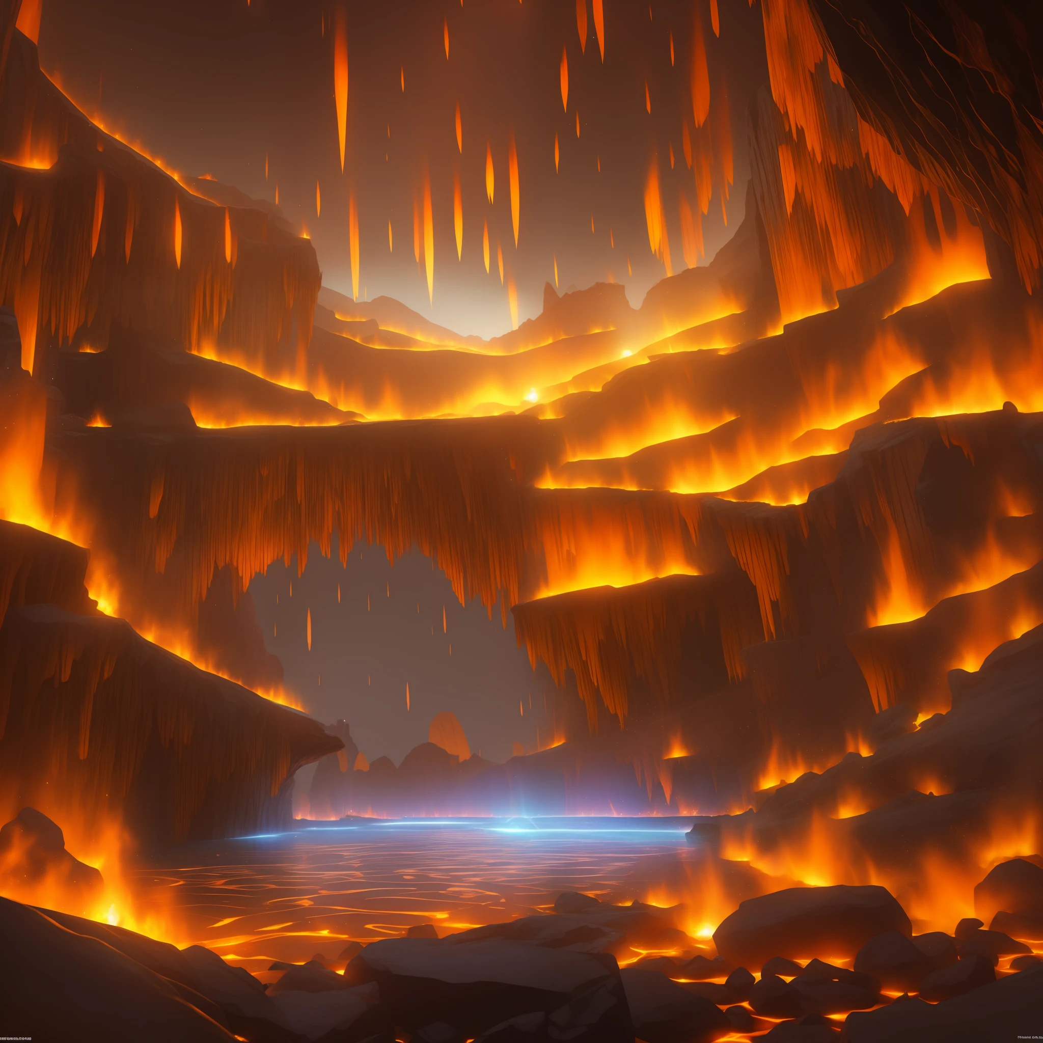 Extensive landscape ultrasound photograph (general view, which shows the secular vault of the cave), (detailed description of the cave), solidified lava (in detail), stalactites (in detail), stalagmites (in detail), as well as helicates (in detail), lake (in detail), mercury on the surface of the lake, reflection of the full moon of shooting stars on the surface of the lake, the burning surface of the lake, elves (1: 3), moths (1: 3), fireflies (1: 3), (ultra-detailed description of appearance), burning crystals (crystals: 1,2), reflection on the surface of mercury, burning stones, (falling stones: 0.9), (fire: 1.3), crystals, fire stones, lava, mercury, cave BREAK production art, (cold light source:1.2), (Firefly:1.2), fire particles, dark, red, yellow and orange, complex details, volumetric lighting, realistic fantasy BREAK (masterpiece:1.2), (best quality), 4k, ultra-detailed, (dynamic composition: 1.4), highly detailed, colorful details, (gloomy colors: 1.2), (luminous lighting, atmospheric lighting), gloomy, dark, magical, (solo: 1.2) --auto --s2