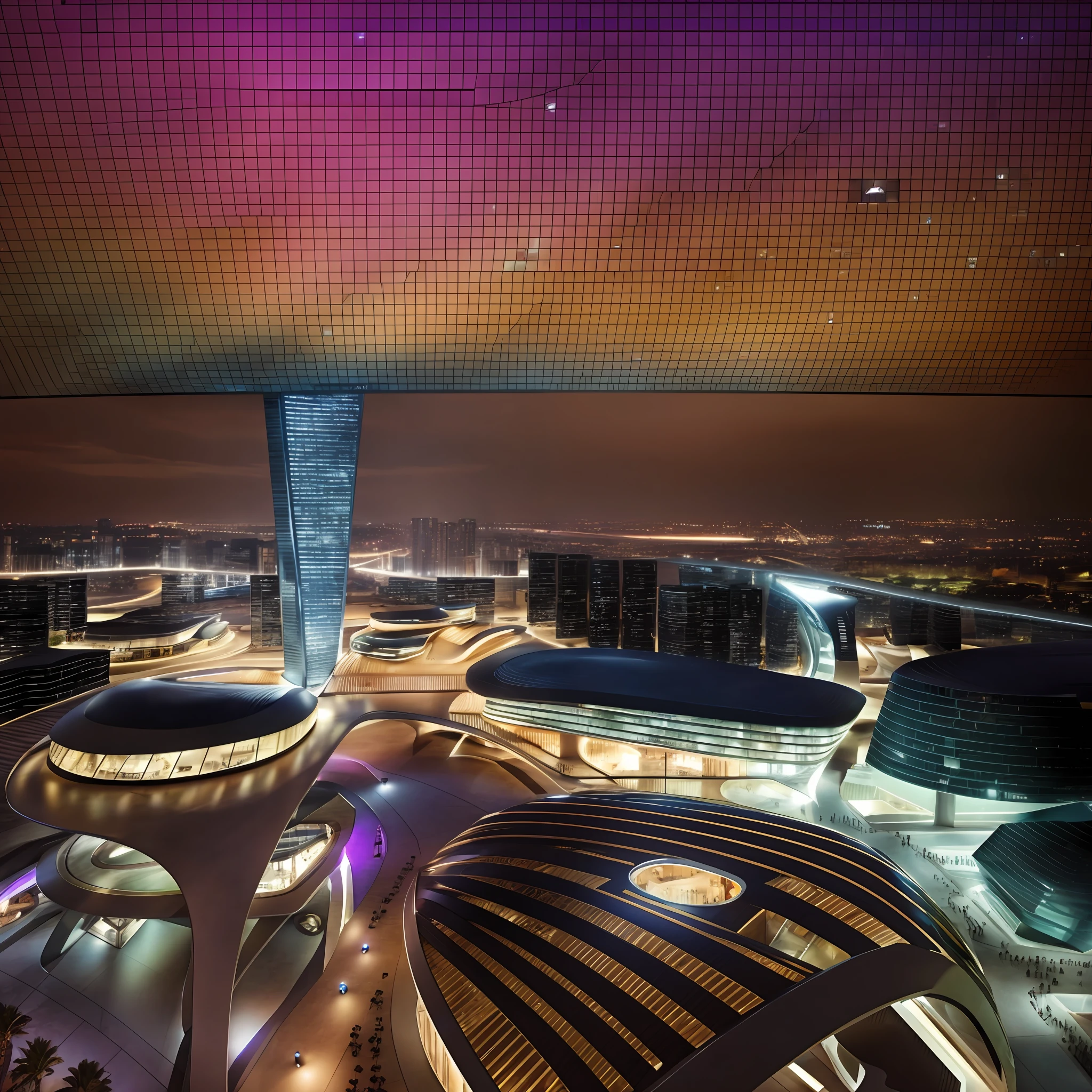 8k, city night view, zaha architectural style shopping center, with strong commercial atmosphere, wide angle lens --auto --s2