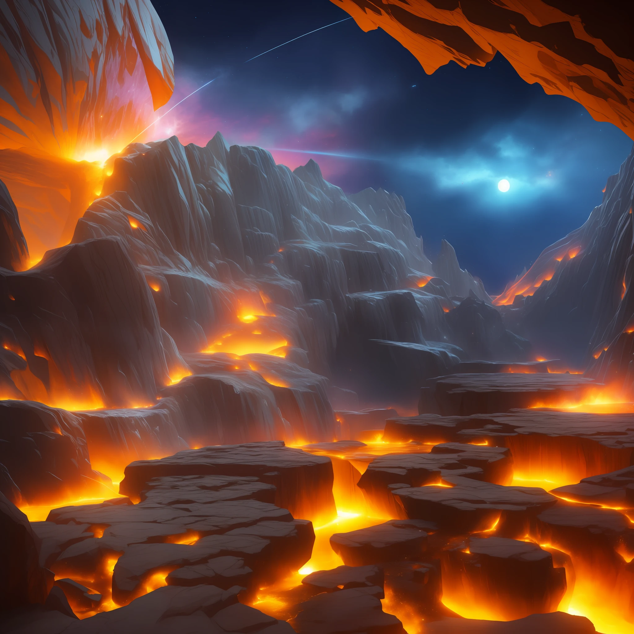 Extensive landscape ultrasound photograph (general view, which shows the secular vault of the cave), (detailed description of the cave), solidified lava (in detail), stalactites (in detail), stalagmites (in detail), as well as helicates (in detail), lake (in detail), mercury on the surface of the lake, reflection of the full moon of shooting stars on the surface of the lake, the burning surface of the lake, elves (1: 3), moths (1: 3), fireflies (1: 3), (ultra-detailed description of appearance), burning crystals (crystals: 1,2),  reflection on the surface of mercury, burning stones, (falling stones: 0.9), (fire: 1.3), crystals, fire stones, lava, mercury, cave BREAK production art, (cold light source:1.2), (Firefly:1.2), fire particles, dark, red, yellow and orange, complex details, volumetric lighting, realistic fantasy BREAK (masterpiece:1.2), (best quality), 4k, ultra-detailed, (dynamic composition: 1.4), highly detailed, colorful details, (gloomy colors:  1.2), (luminous lighting, atmospheric lighting), gloomy, dark, magical, (solo: 1.2) --auto --s2