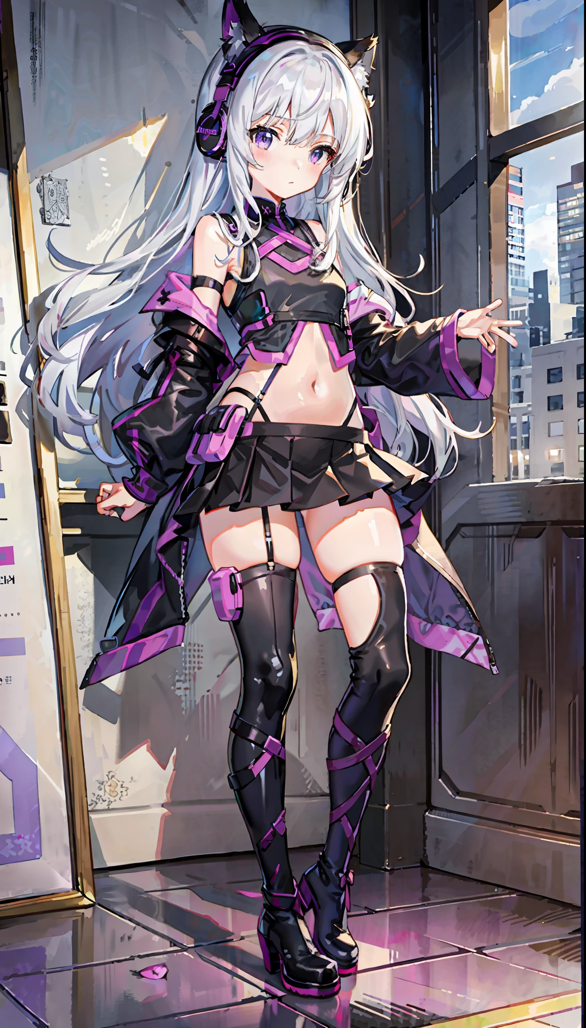 {{{Masterpiece}}}, {Very detailed CG Unity 8k wallpaper}, white hair, white purple eyes, all black clothes, long hair, dead white, tactical vest, headphones, cute face, solo, face, solo, illustrations, belly button, erotic clothing, lolie, pleated skirt, stand painting, full body, black boots, small and medium breasts, standing, dynamic pose, full body in pictures, lace-up panties, cute girly, slim body, black silk, character setting chart, reference sheet ,tachi-e,manga cover,official art,original,sexy,good body